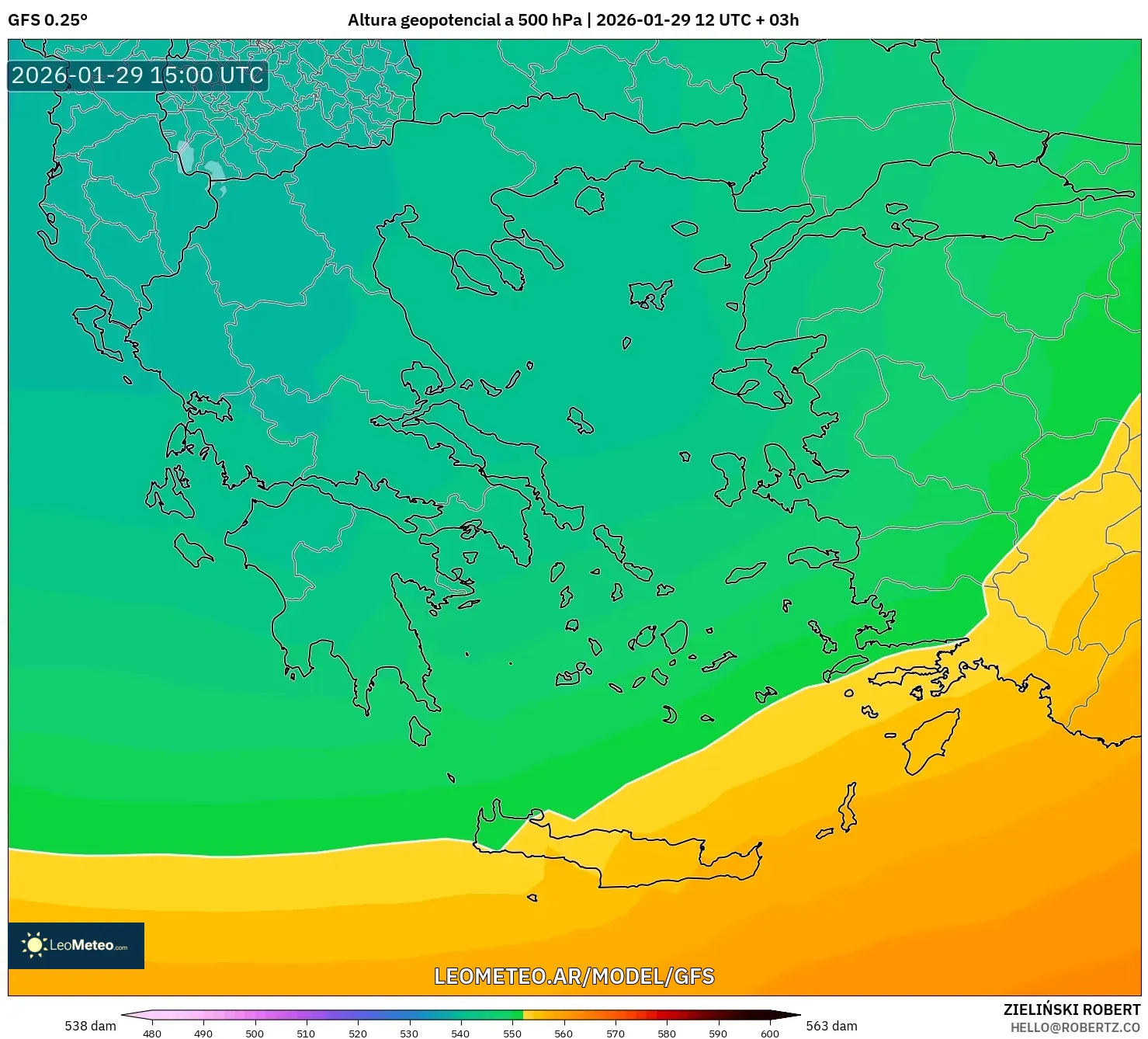 GFS model - Grécia, Altura geopotencial a 500 hPa
