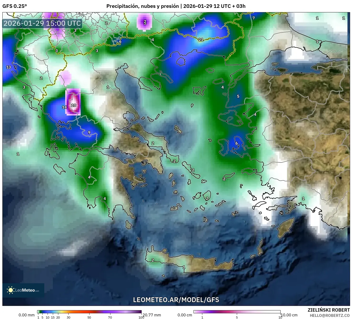 GFS model - Grécia, Precipitação, nuvens e pressão