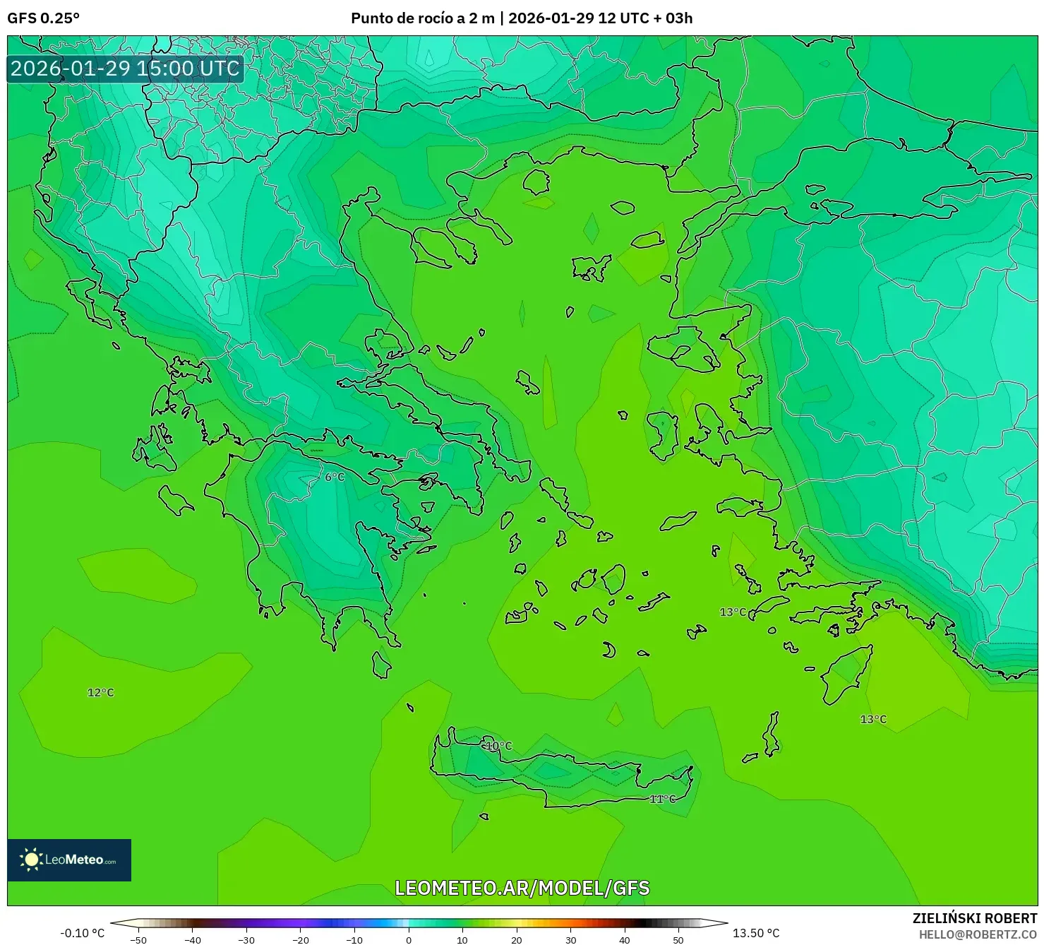 GFS model - Grécia, Ponto de orvalho a 2 m