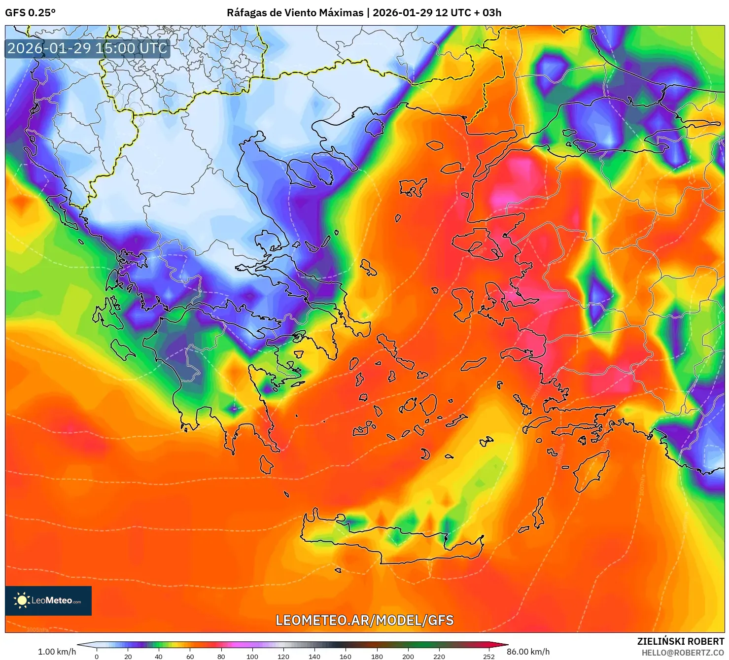 GFS model - Grécia, Rajadas de Vento Máximas