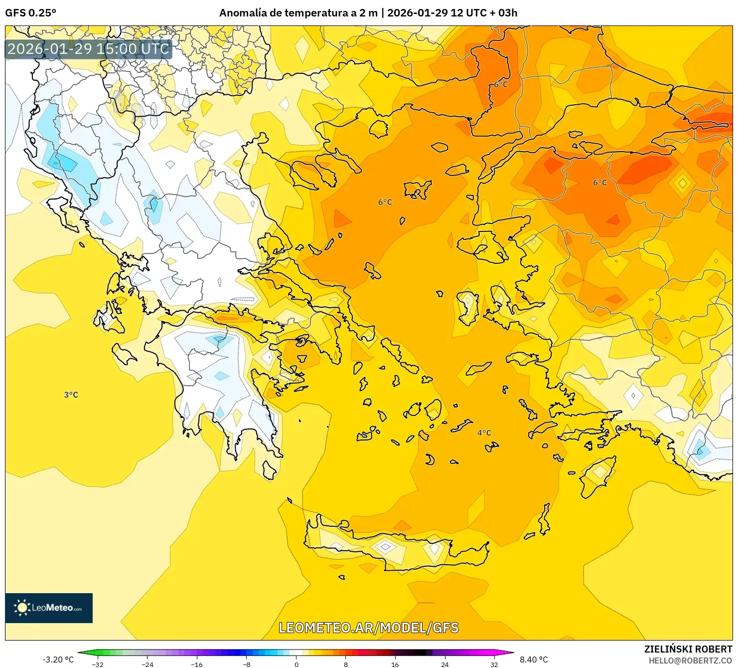 GFS model - Grécia, Anomalia de temperatura a 2 m