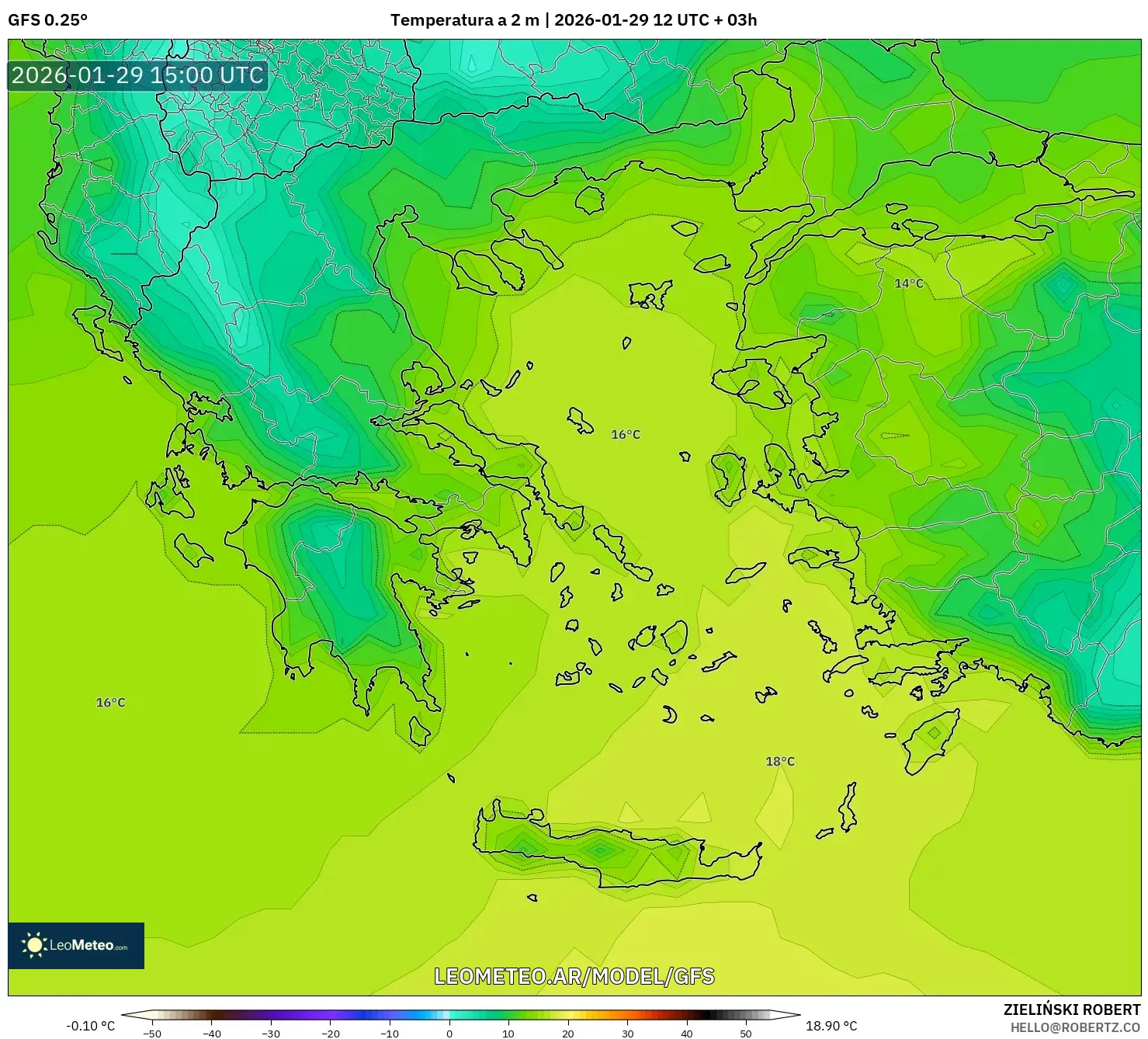 GFS model - Grécia, Temperatura a 2 m