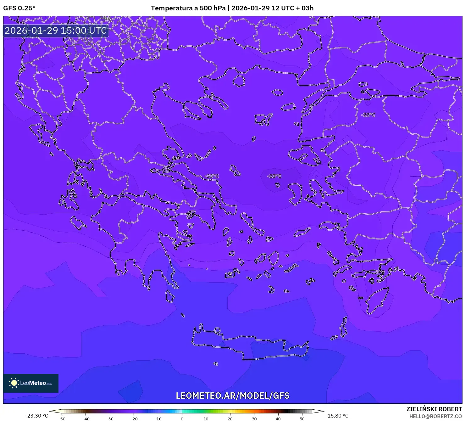 GFS model - Grécia, Temperatura a 500 hPa