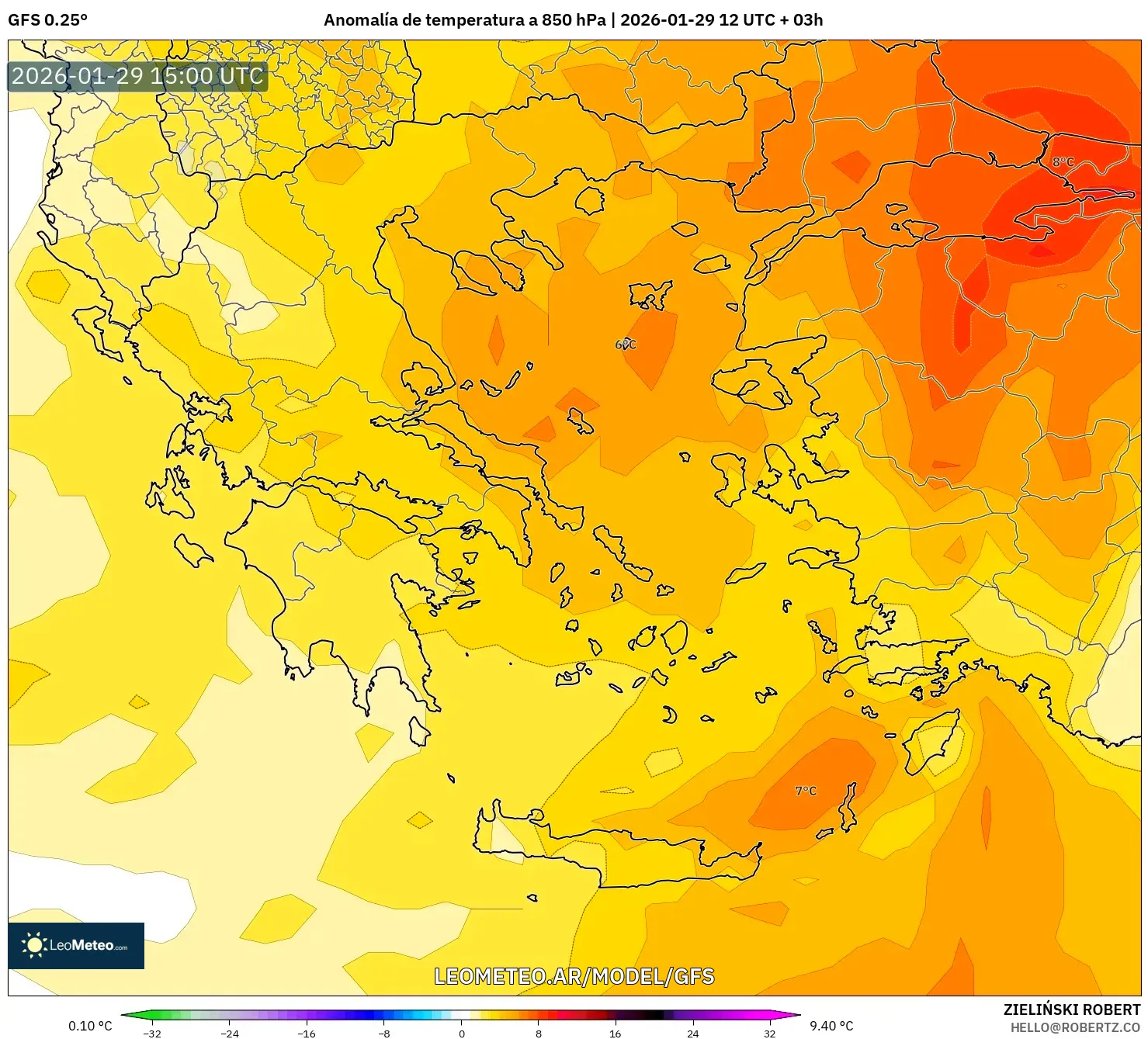 GFS model - Grécia, Anomalia de temperatura a 850 hPa