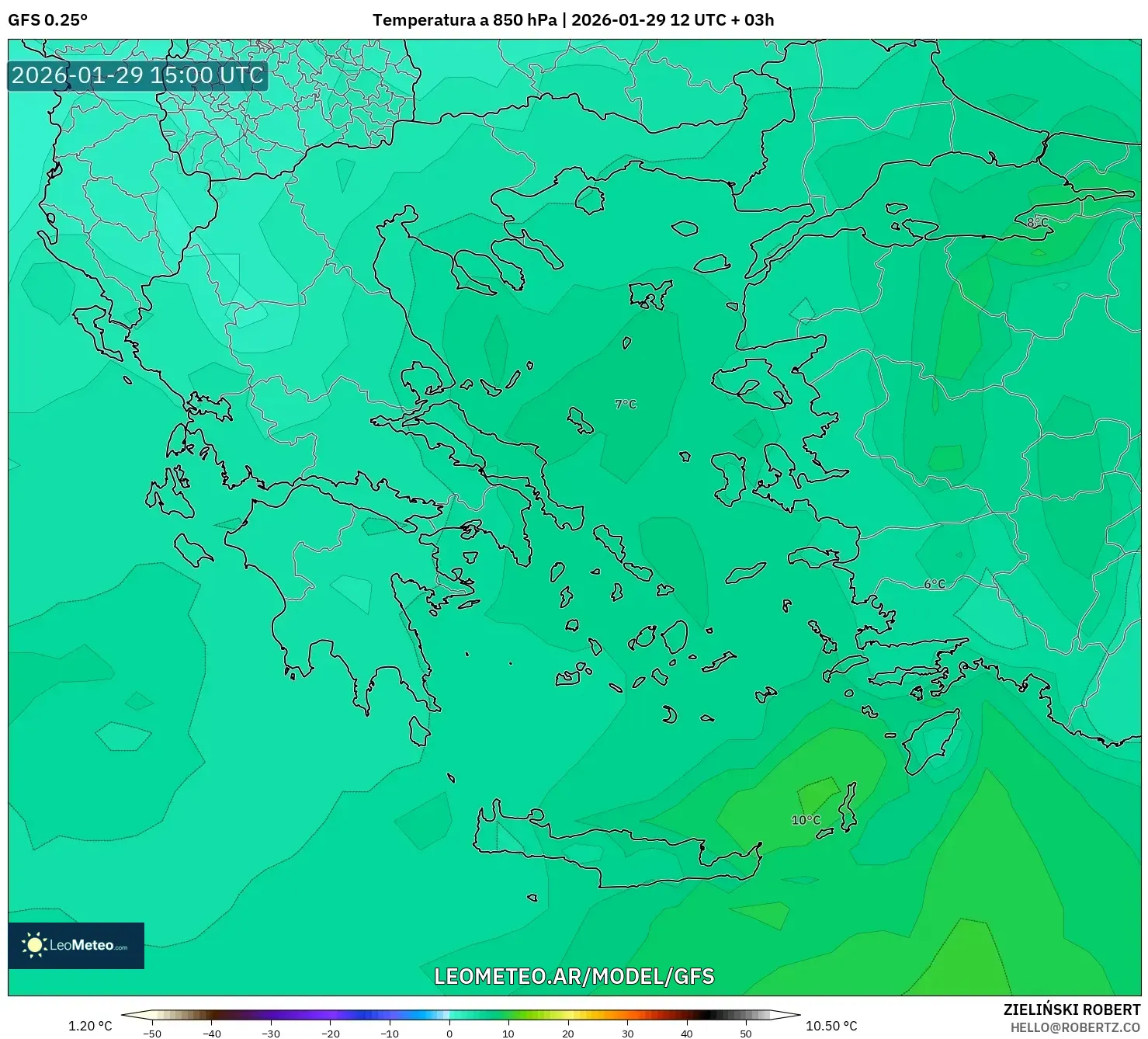 GFS model - Grécia, Temperatura a 850 hPa