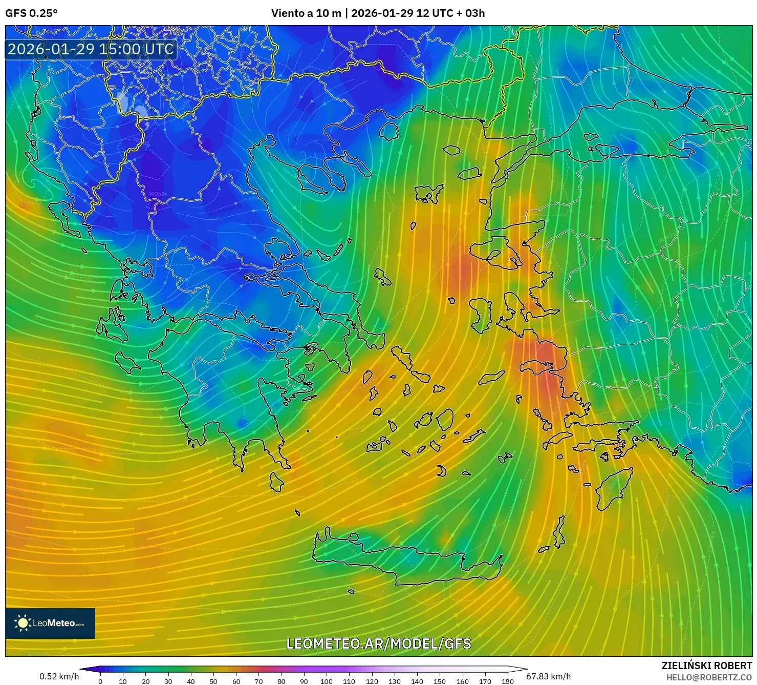 GFS model - Grécia, Vento a 10 m