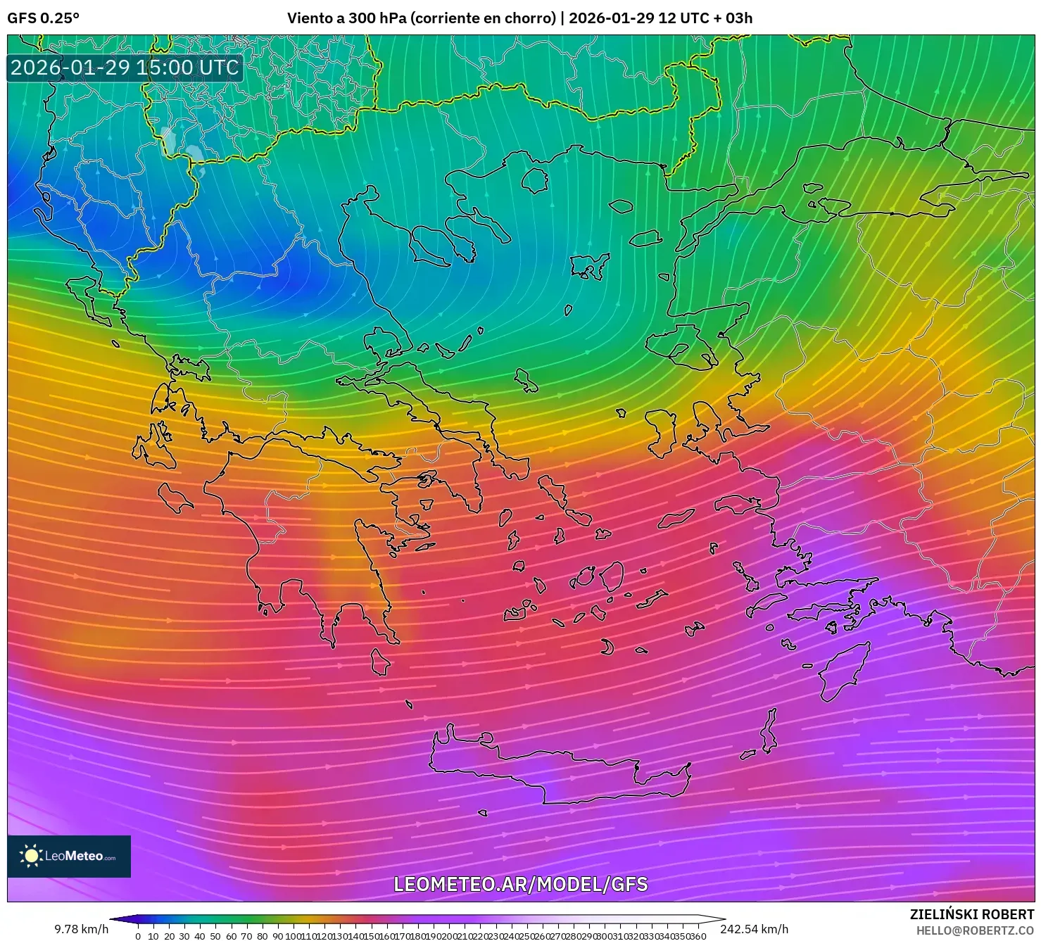 GFS model - Grécia, Vento a 300 hPa (corrente em jato)