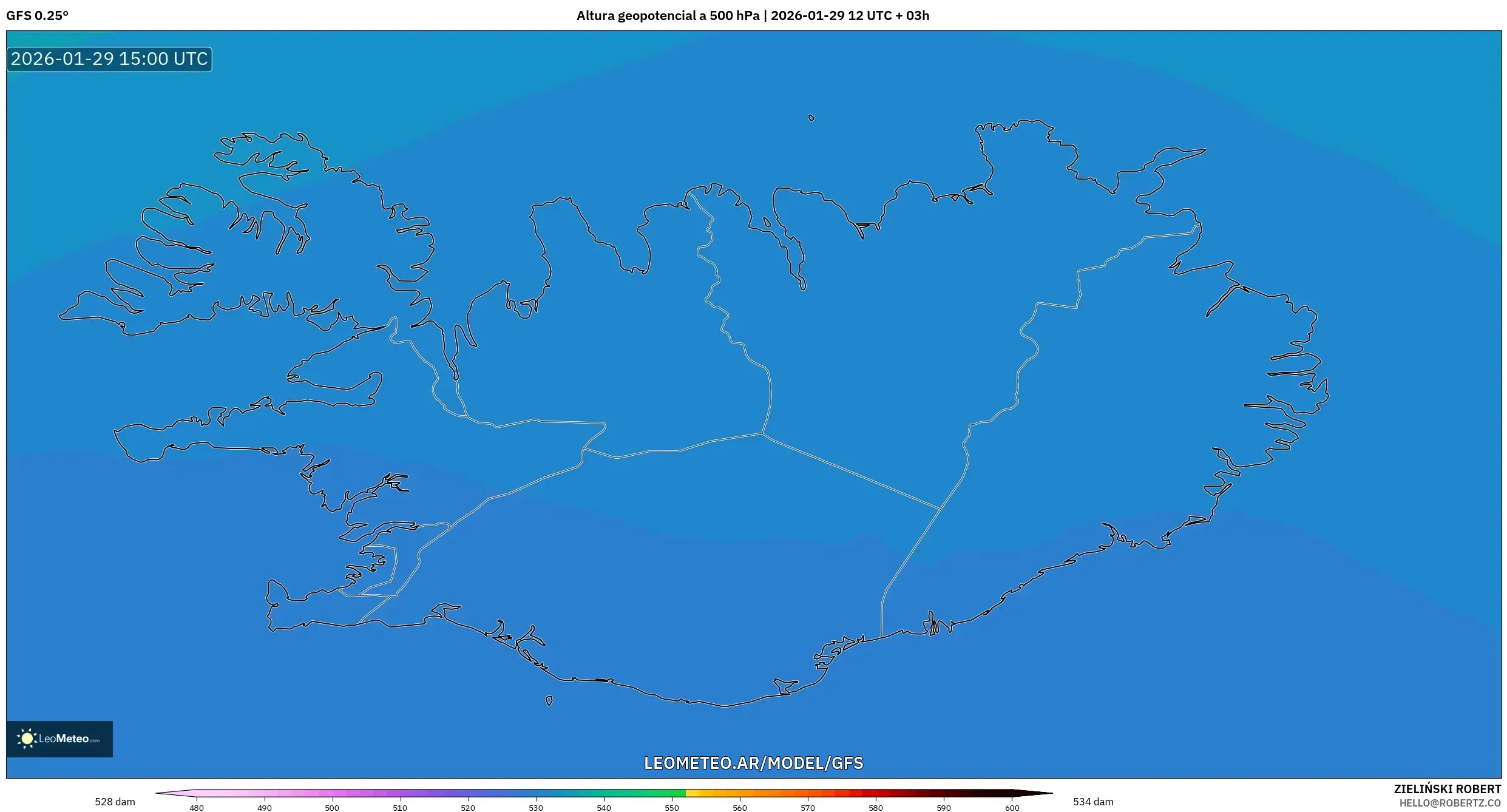 GFS model - Islândia, Altura geopotencial a 500 hPa