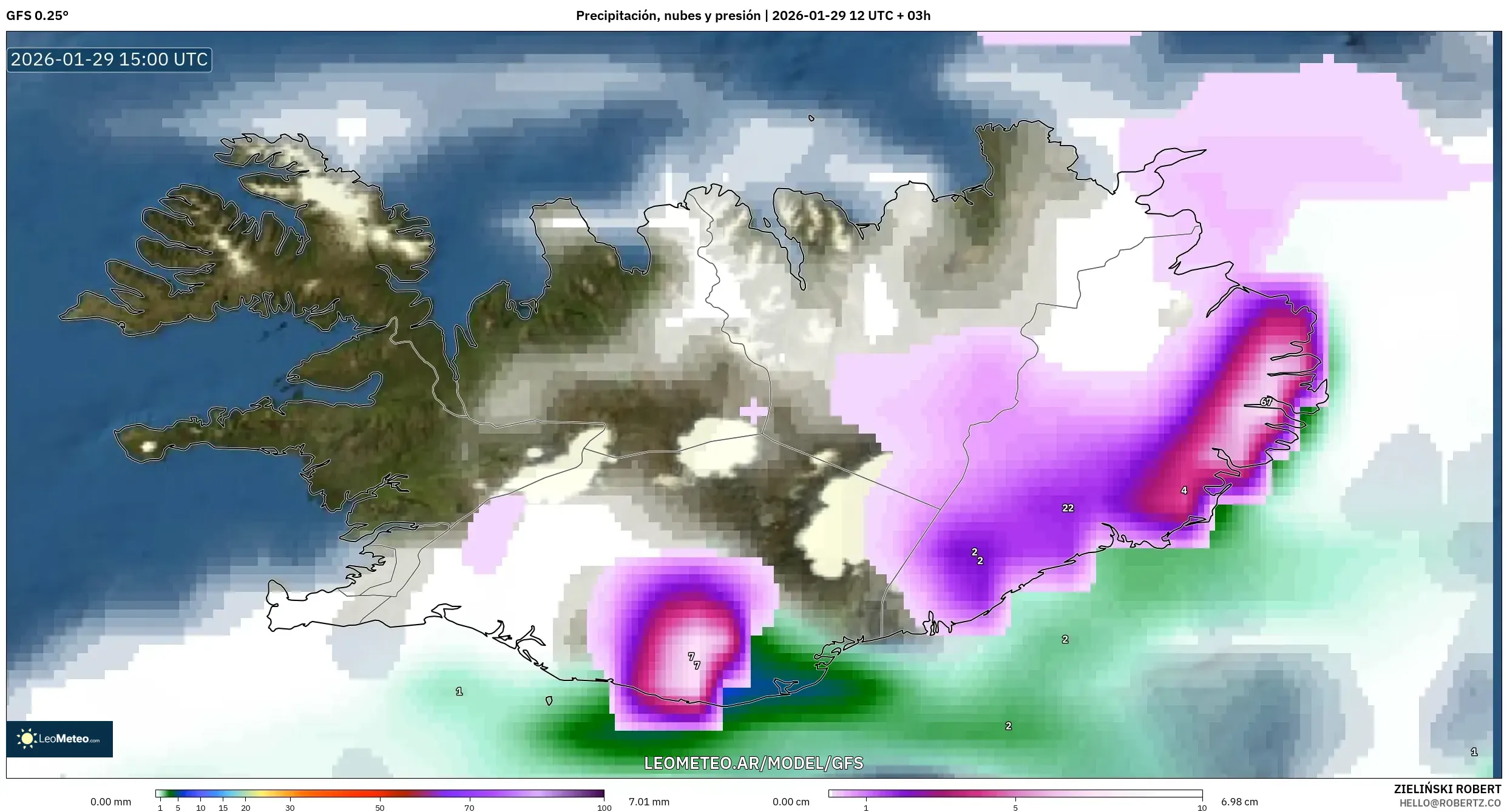 GFS model - Islândia, Precipitação, nuvens e pressão