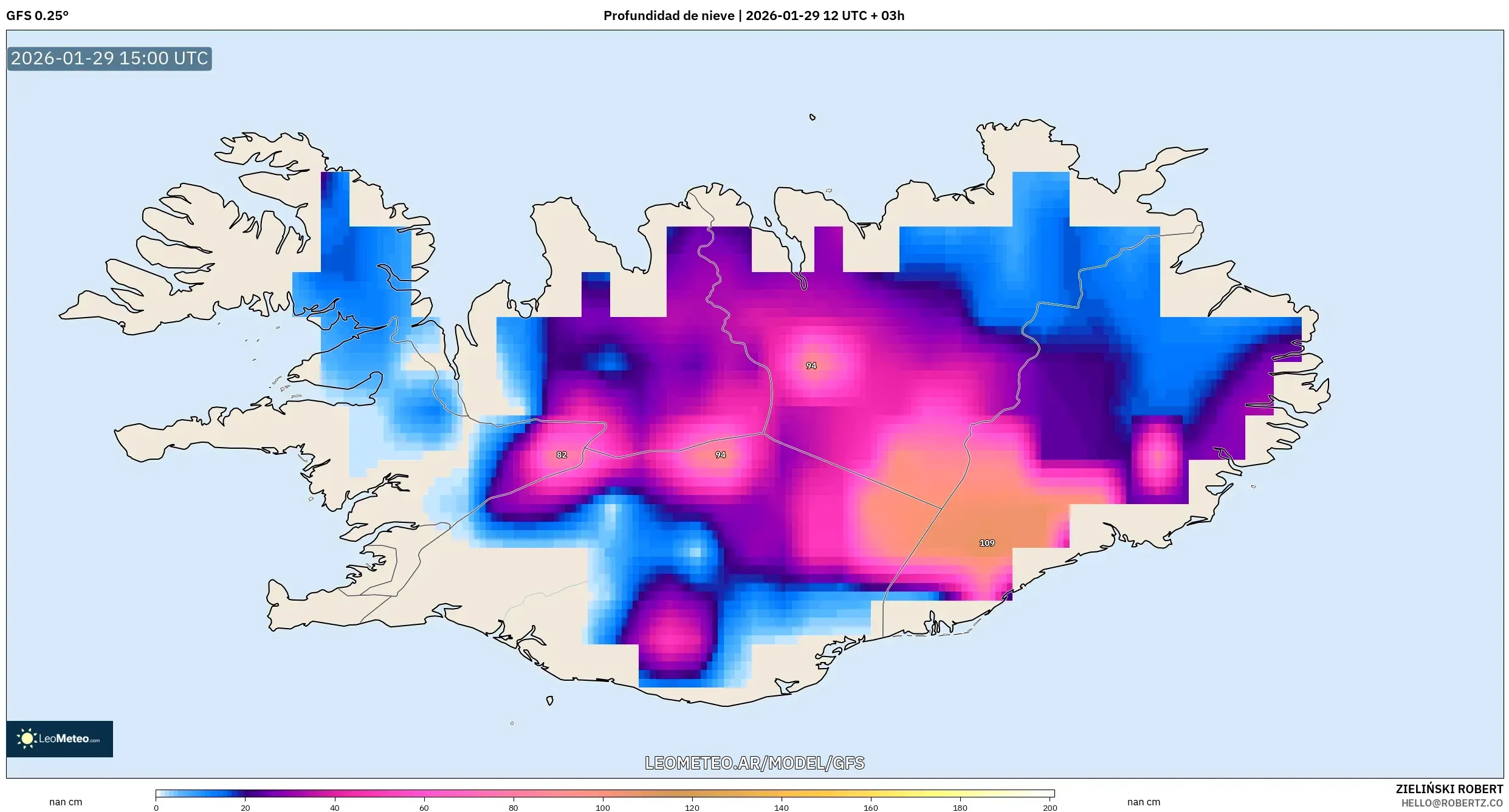 GFS model - Islândia, Profundidade da neve