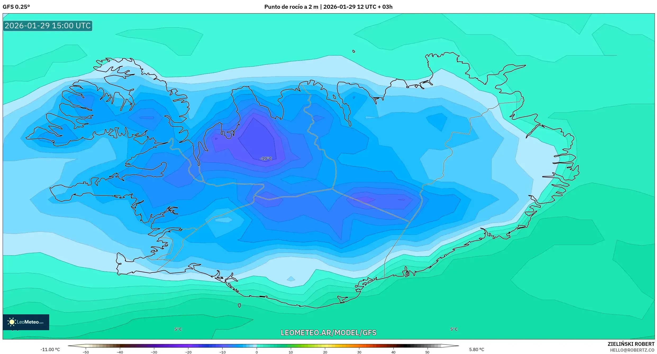 GFS model - Islândia, Ponto de orvalho a 2 m