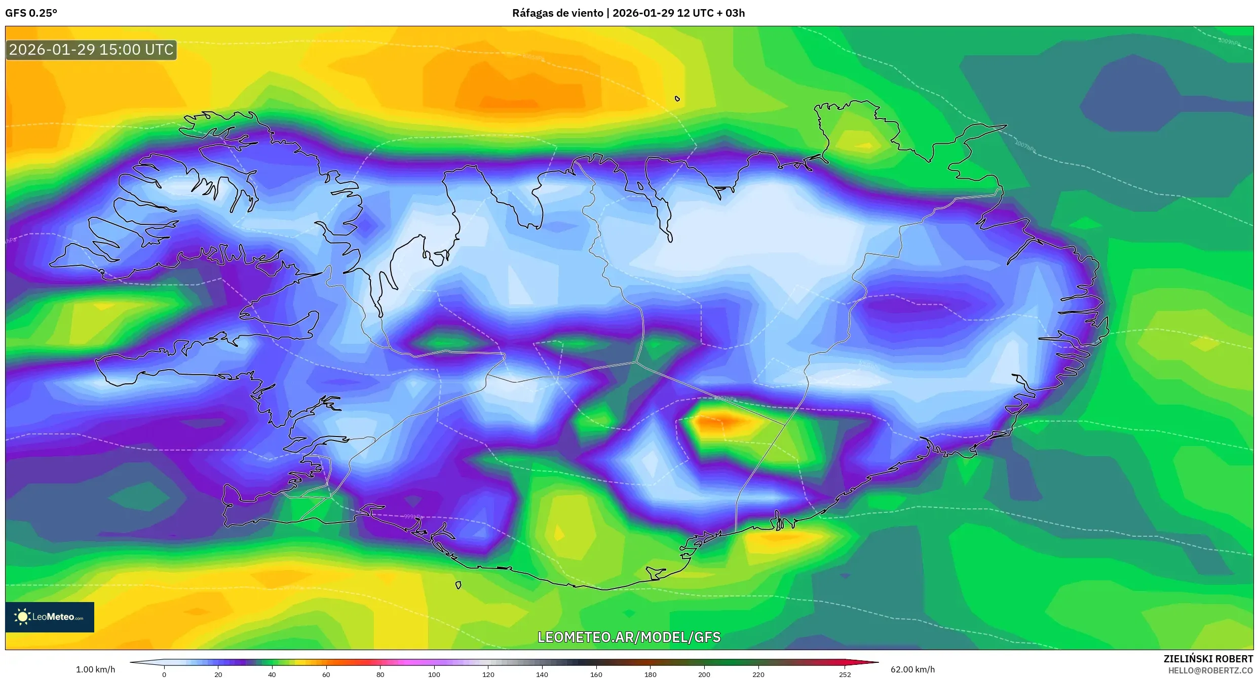 GFS model - Islândia, Rajadas de vento