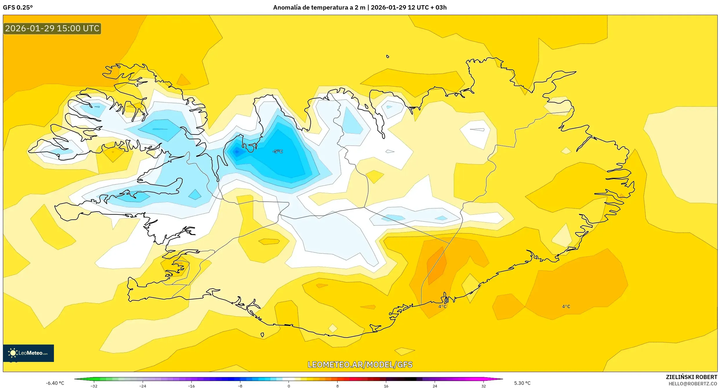 GFS model - Islândia, Anomalia de temperatura a 2 m