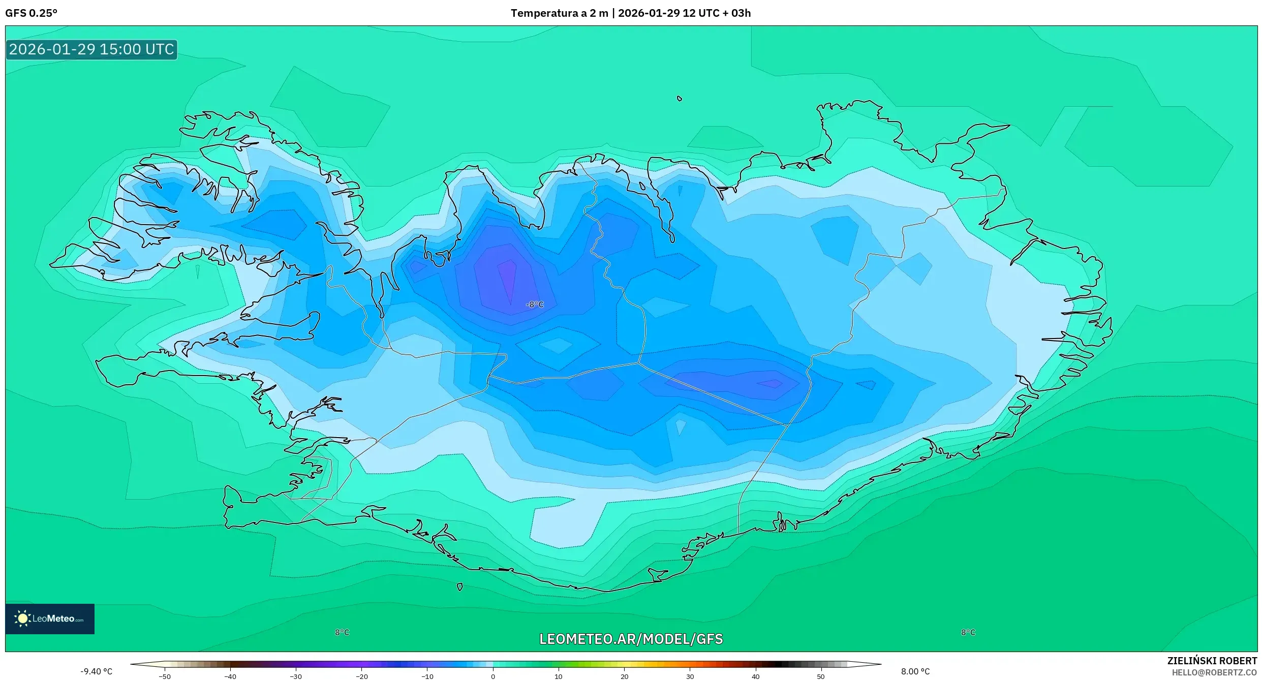 GFS model - Islândia, Temperatura a 2 m