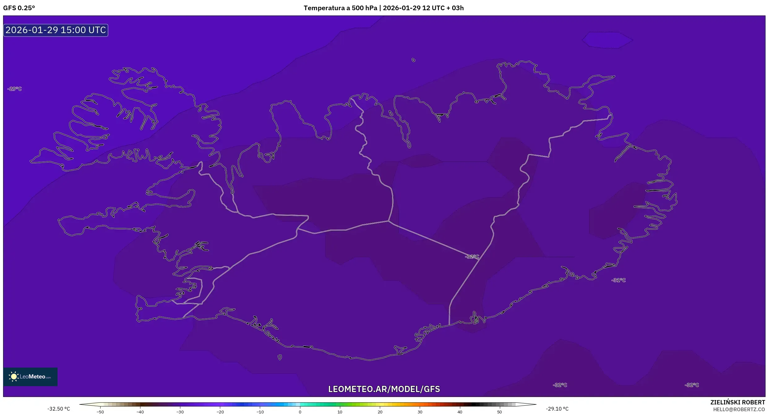 GFS model - Islândia, Temperatura a 500 hPa