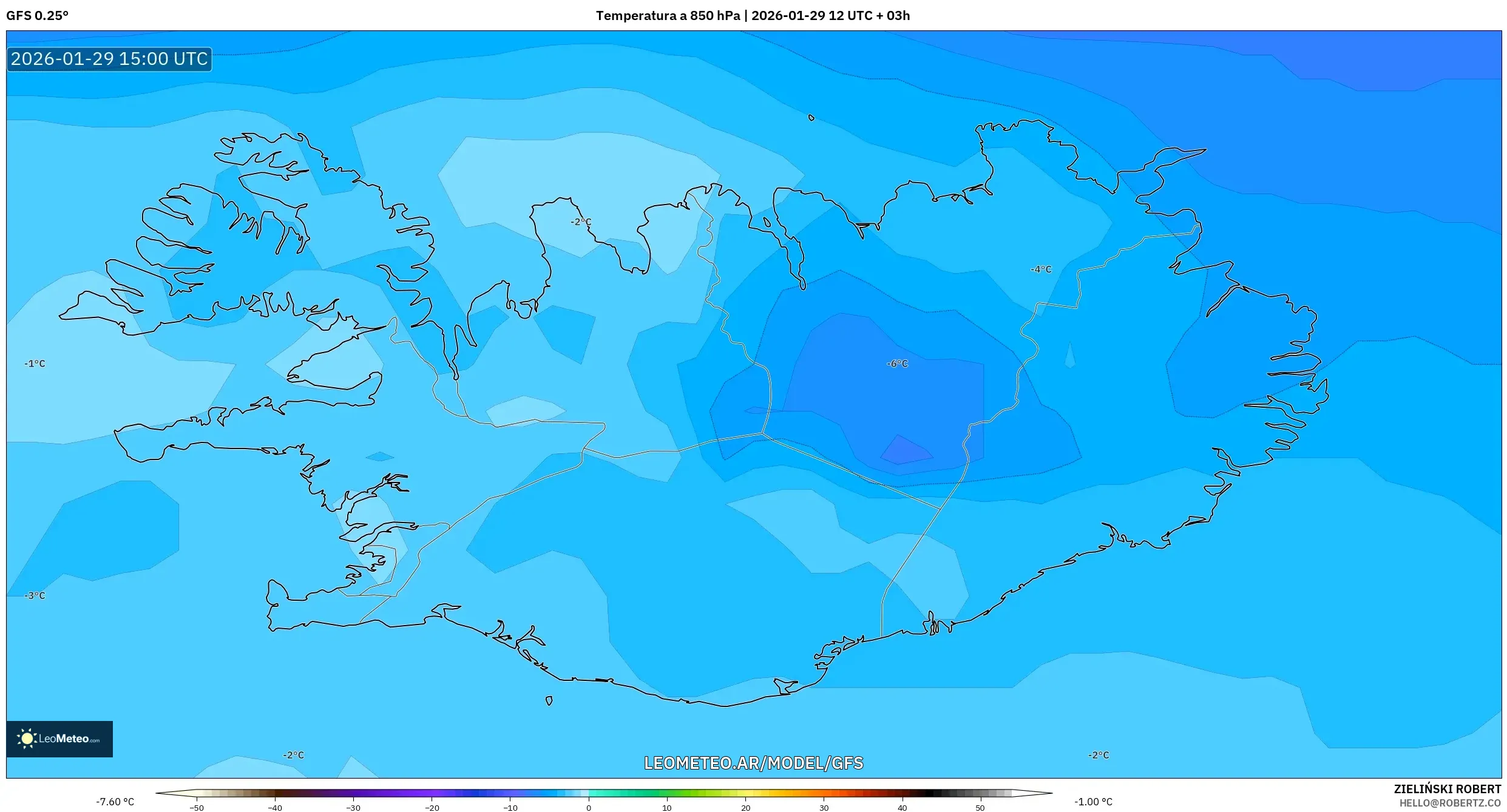 GFS model - Islândia, Temperatura a 850 hPa