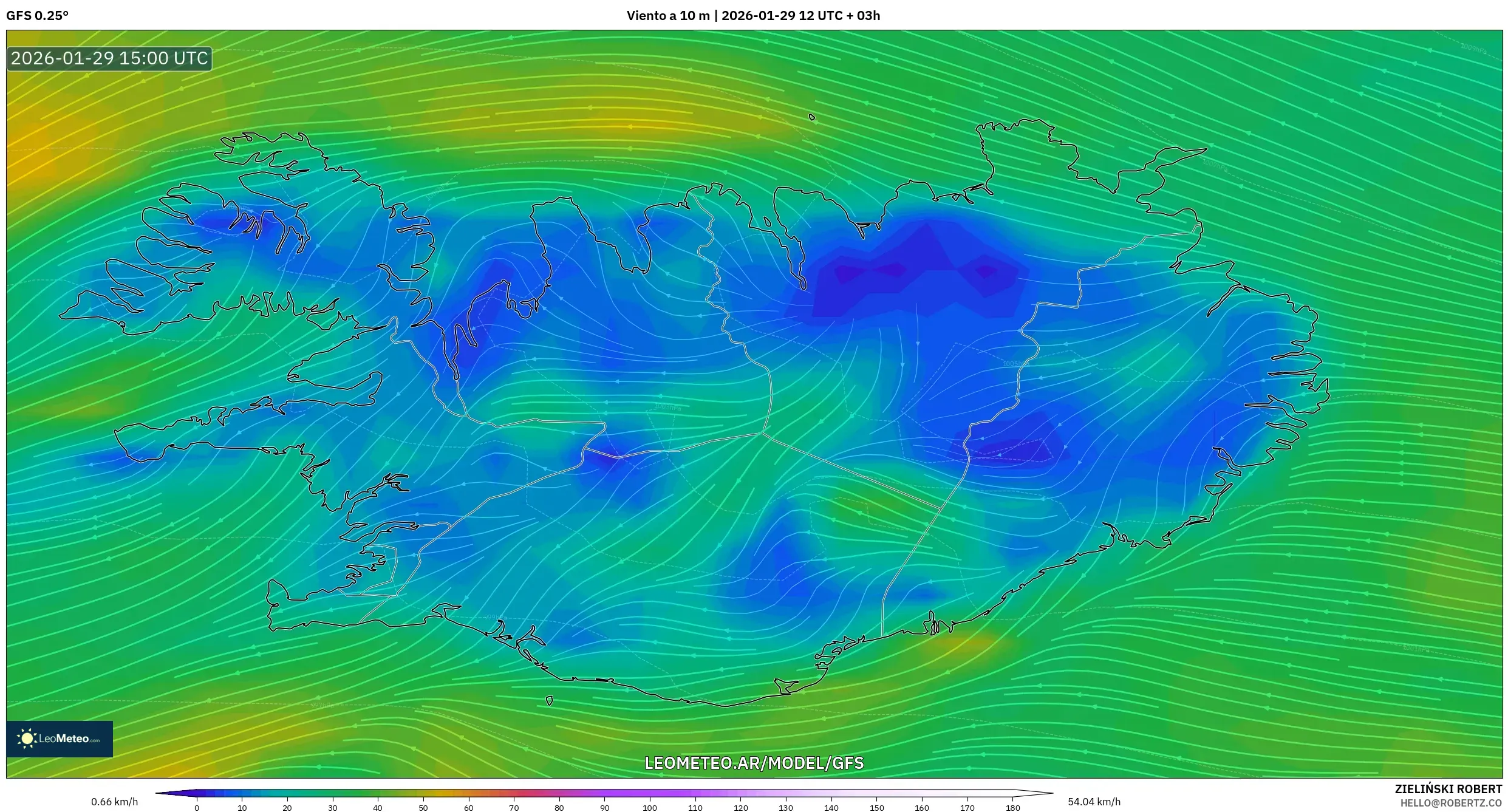GFS model - Islândia, Vento a 10 m