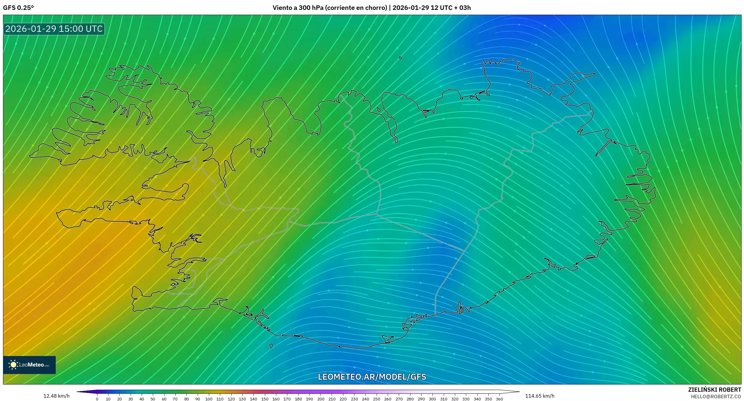 GFS model - Islândia, Vento a 300 hPa (corrente em jato)