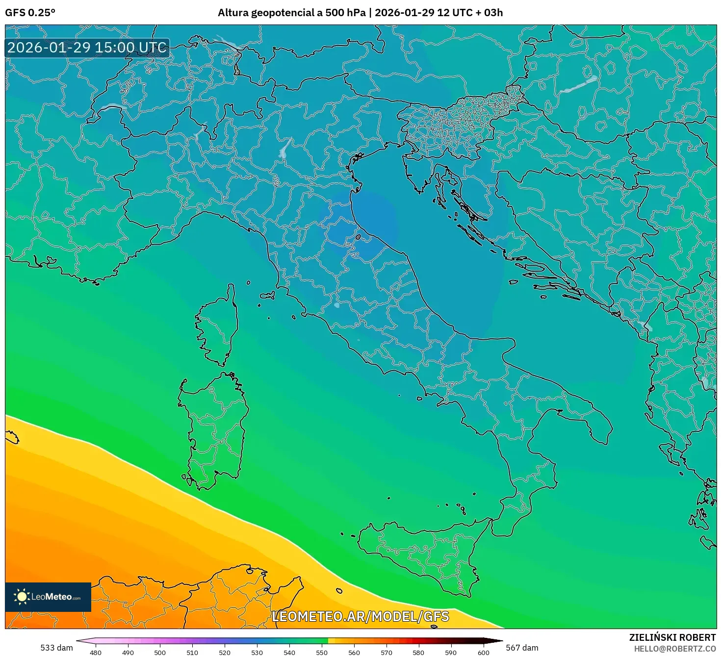 GFS model - Itália, Altura geopotencial a 500 hPa