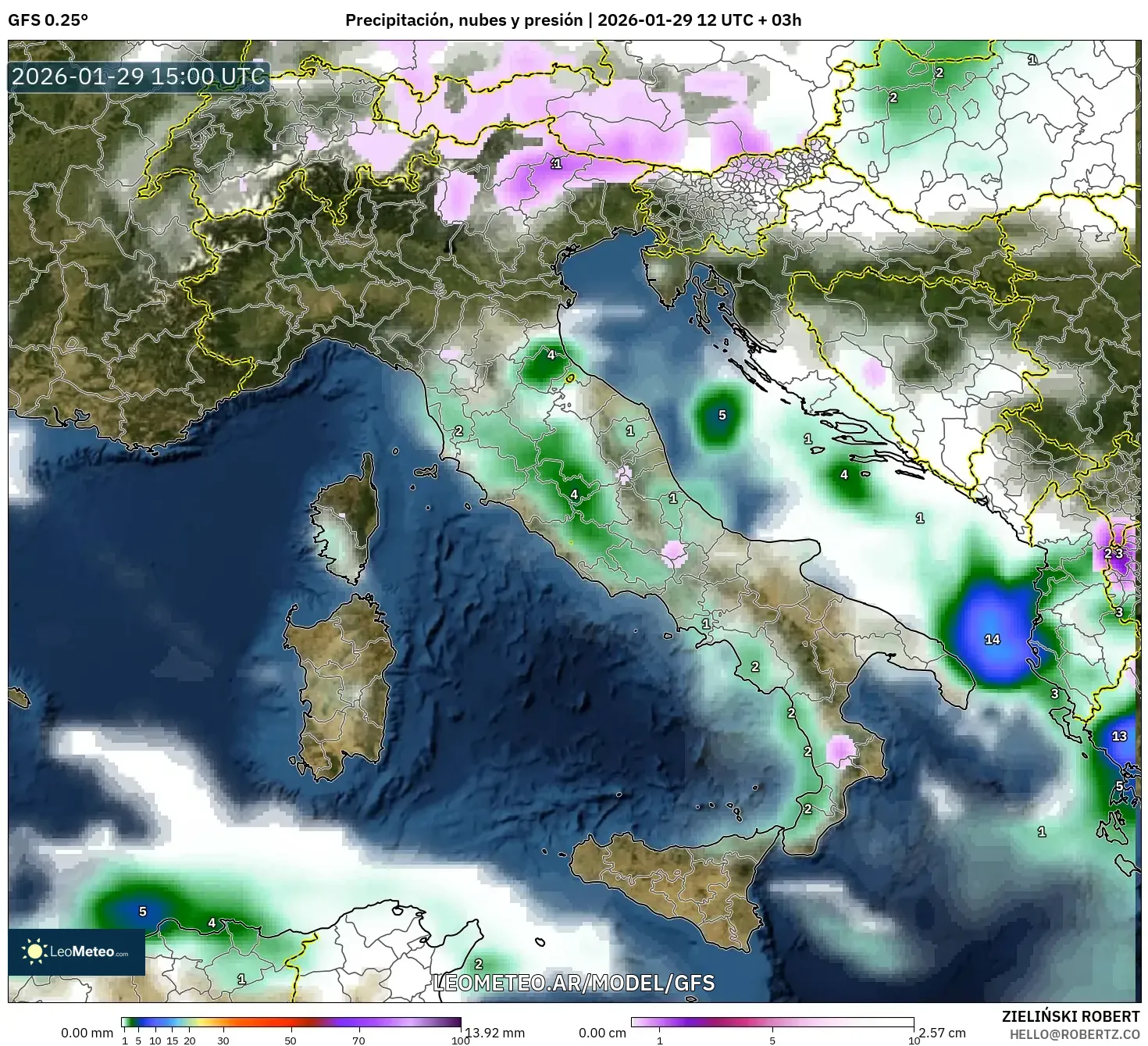 GFS model - Itália, Precipitação, nuvens e pressão