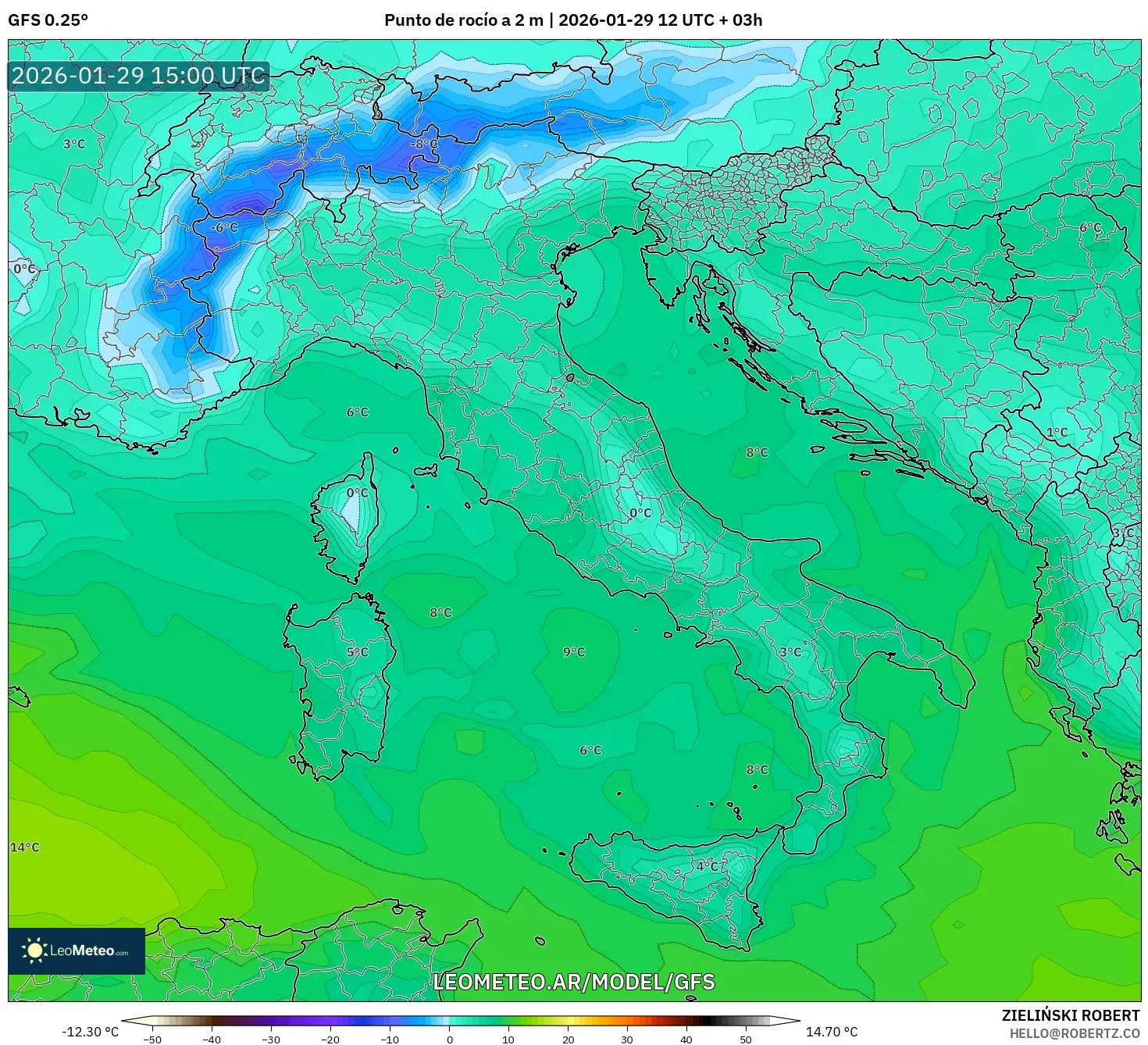 GFS model - Itália, Ponto de orvalho a 2 m