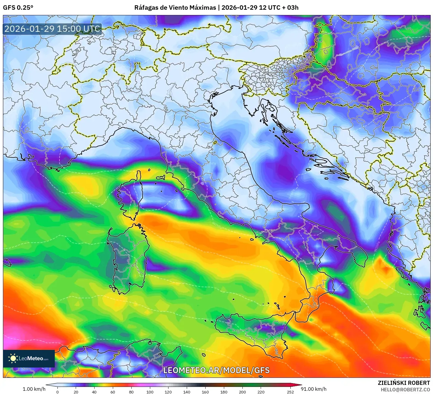 GFS model - Itália, Rajadas de Vento Máximas