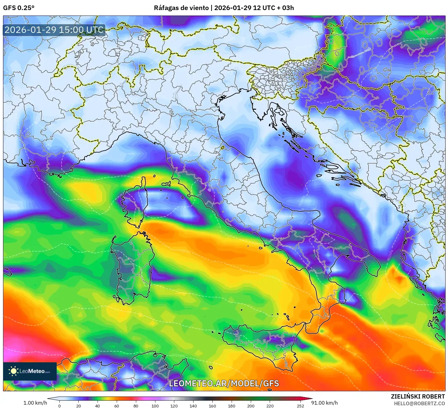 GFS model - Itália, Rajadas de vento
