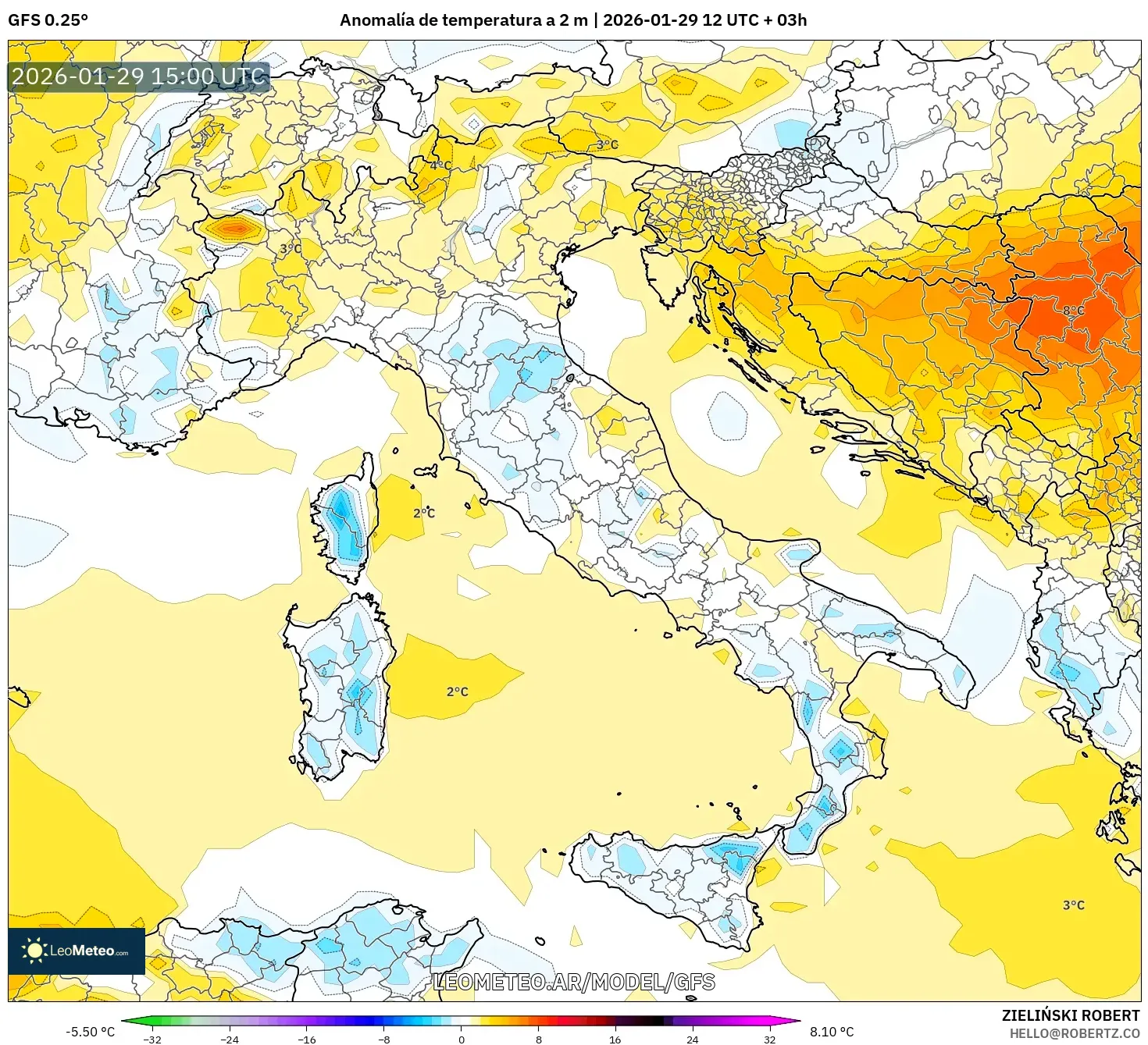 GFS model - Itália, Anomalia de temperatura a 2 m