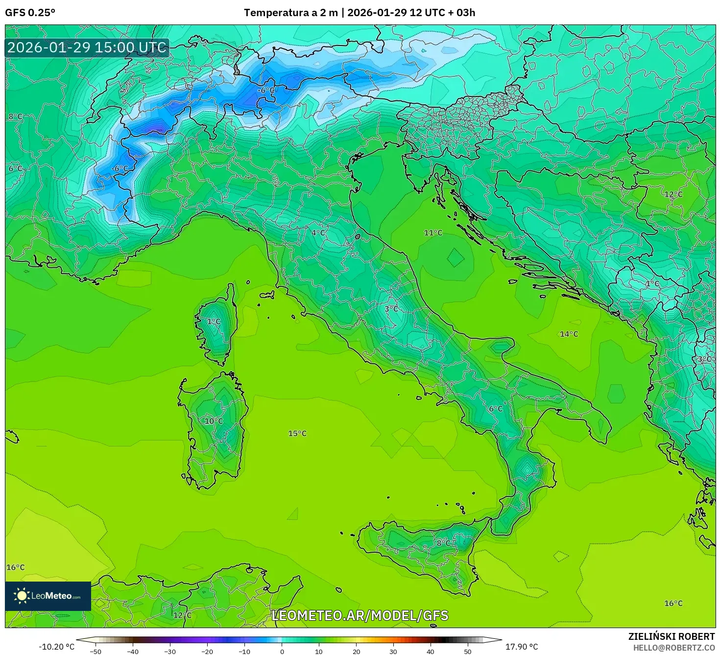 GFS model - Itália, Temperatura a 2 m