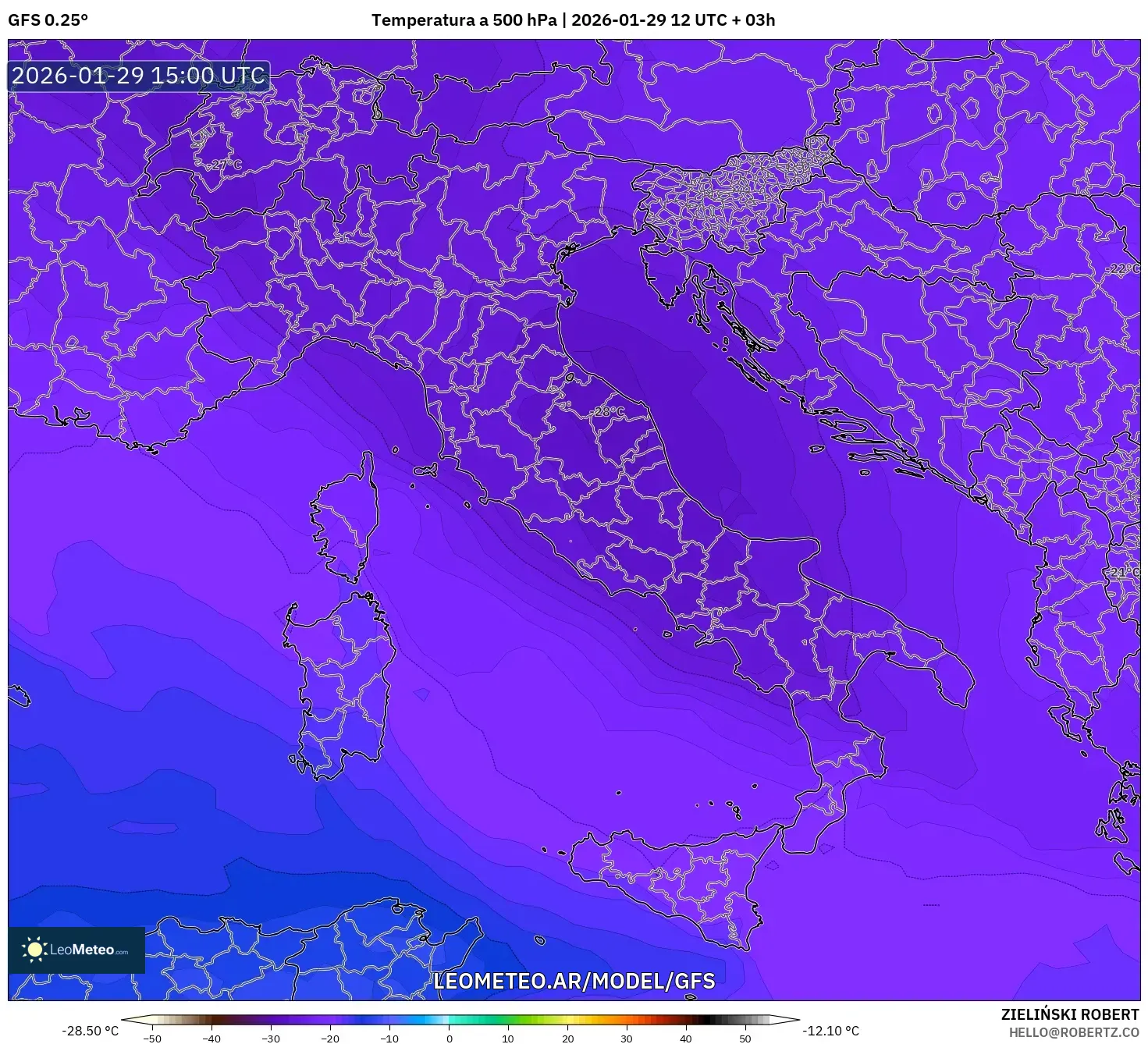 GFS model - Itália, Temperatura a 500 hPa