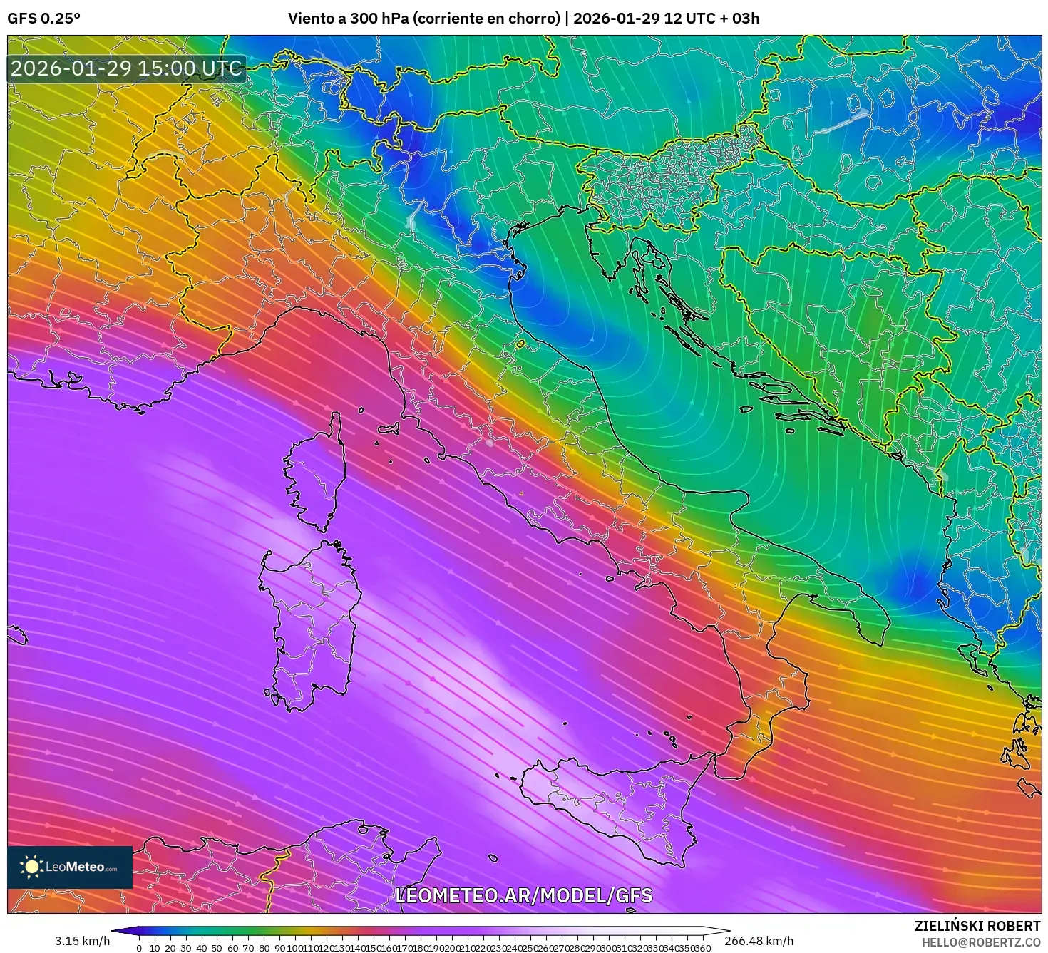 GFS model - Itália, Vento a 300 hPa (corrente em jato)