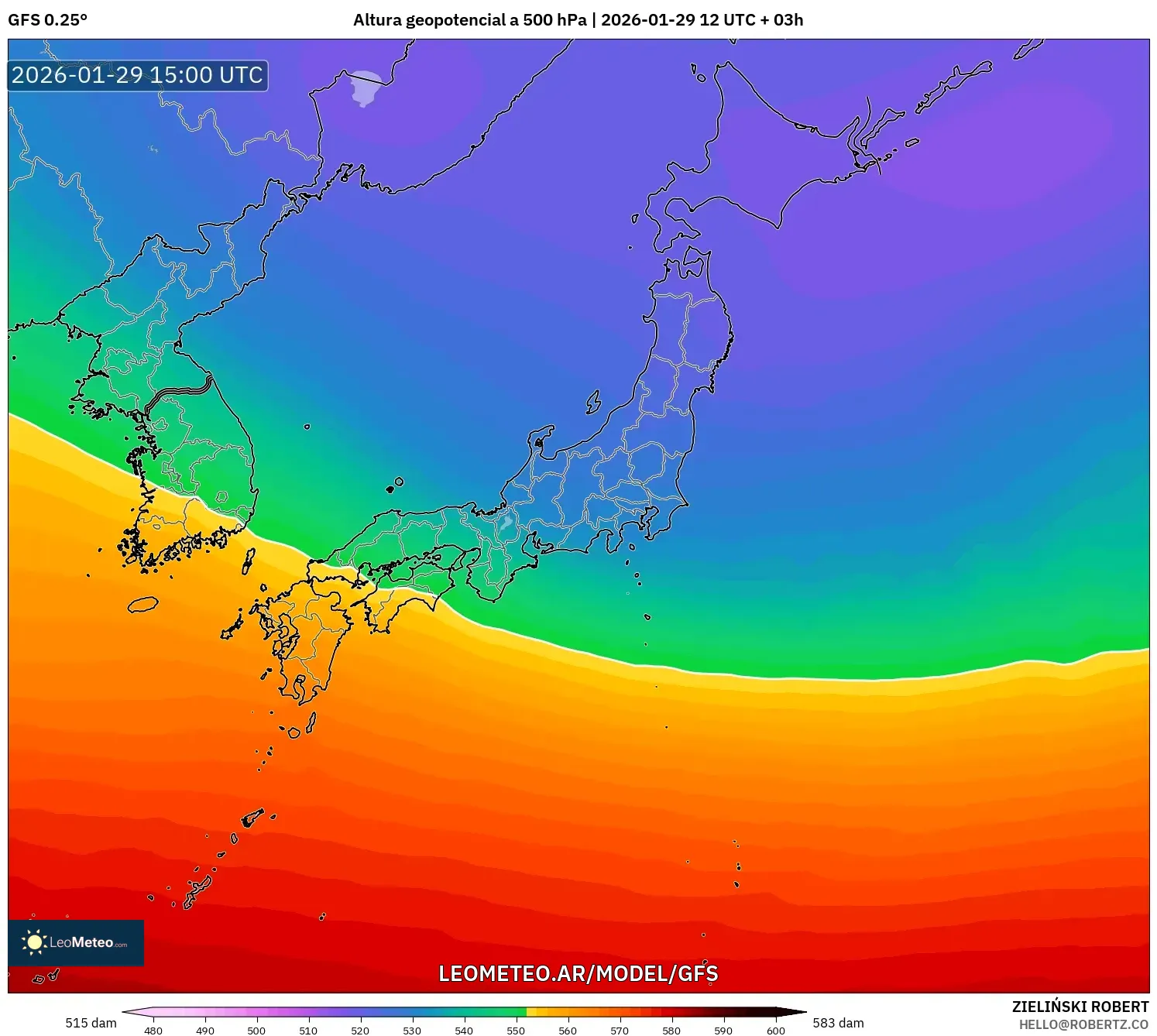 GFS model - Japão, Altura geopotencial a 500 hPa