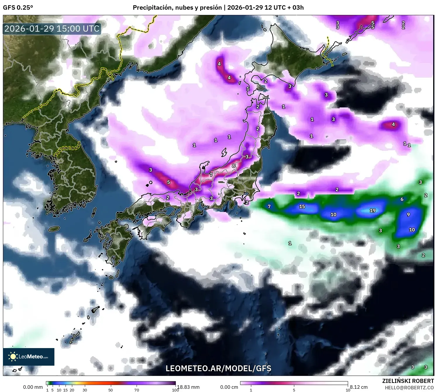 GFS model - Japão, Precipitação, nuvens e pressão