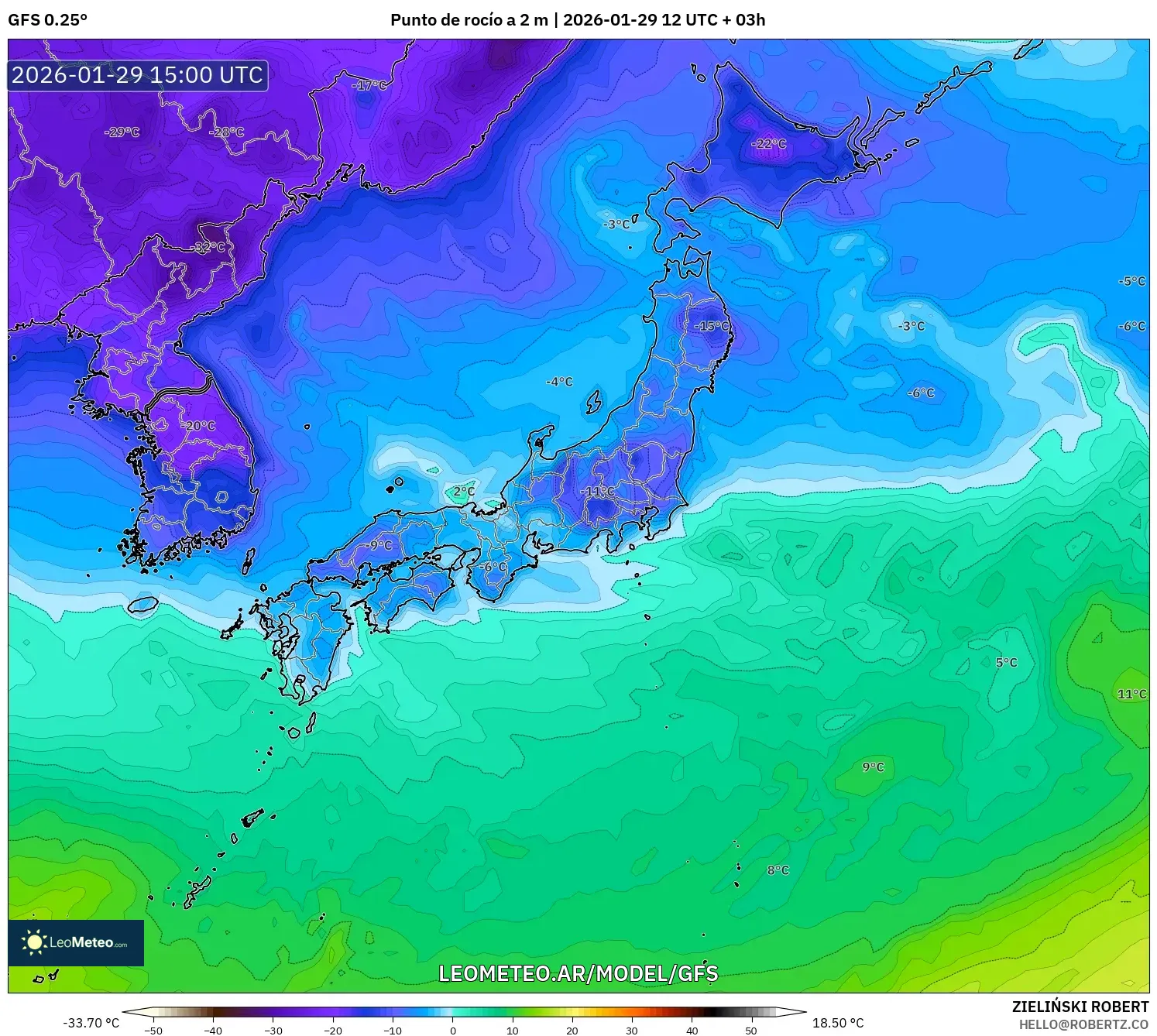 GFS model - Japão, Ponto de orvalho a 2 m