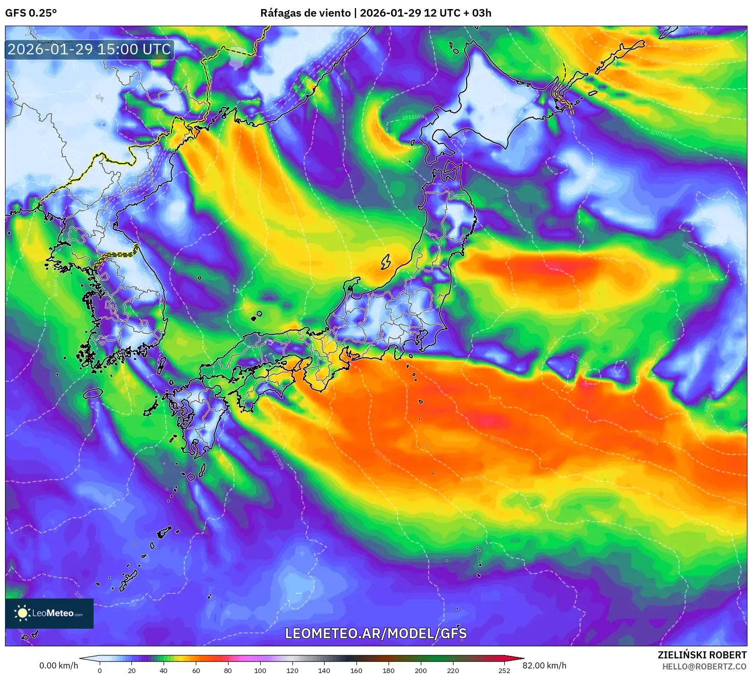 GFS model - Japão, Rajadas de vento
