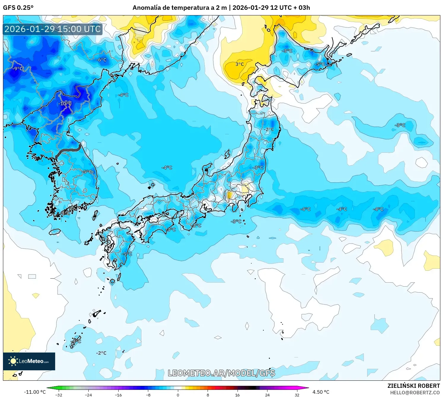 GFS model - Japão, Anomalia de temperatura a 2 m