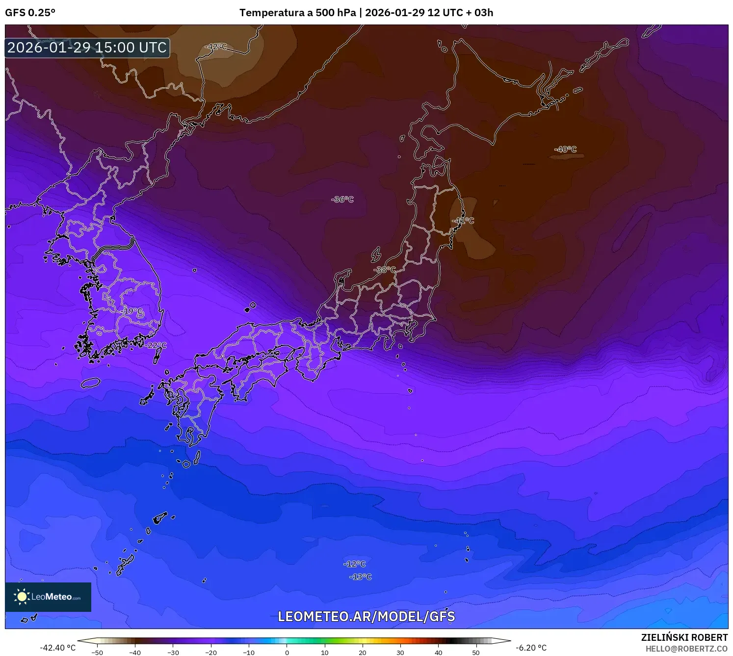GFS model - Japão, Temperatura a 500 hPa