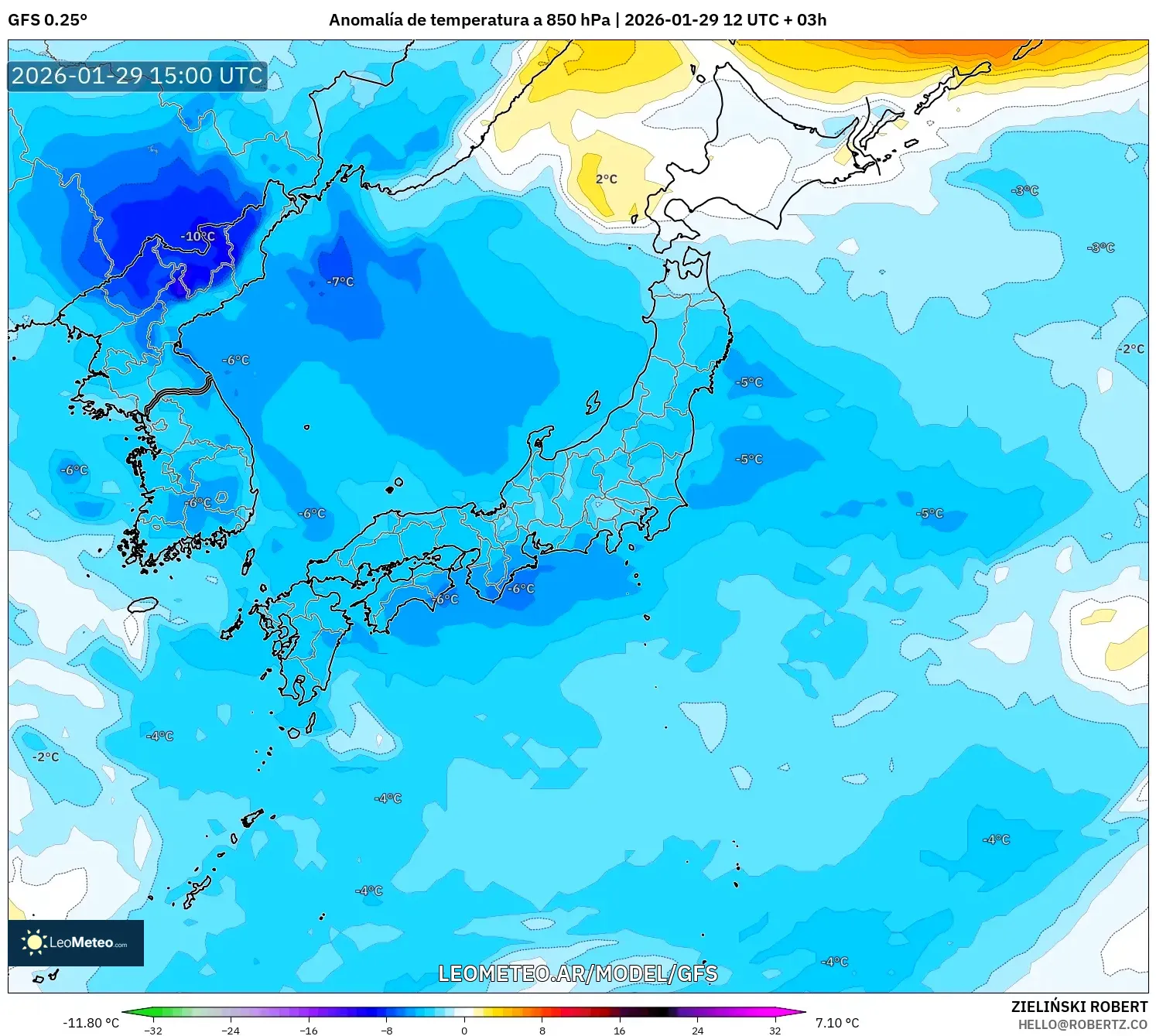 GFS model - Japão, Anomalia de temperatura a 850 hPa