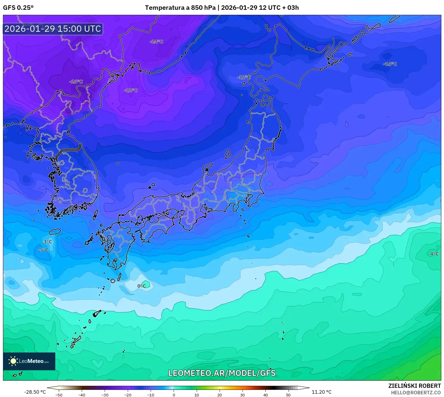 GFS model - Japão, Temperatura a 850 hPa