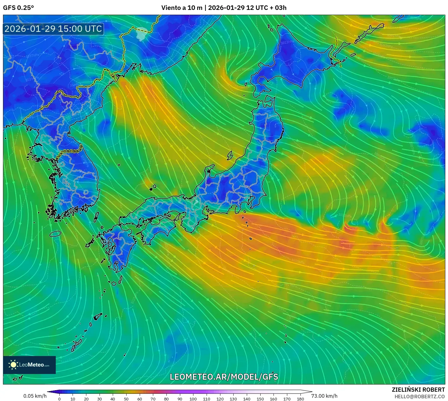 GFS model - Japão, Vento a 10 m