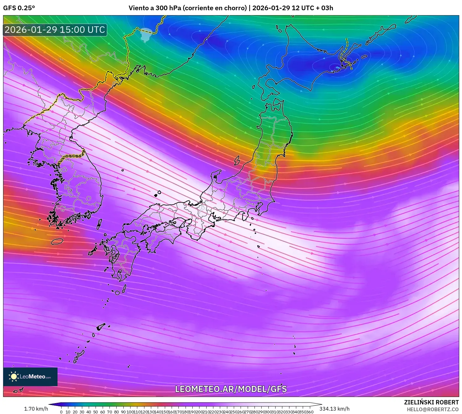 GFS model - Japão, Vento a 300 hPa (corrente em jato)