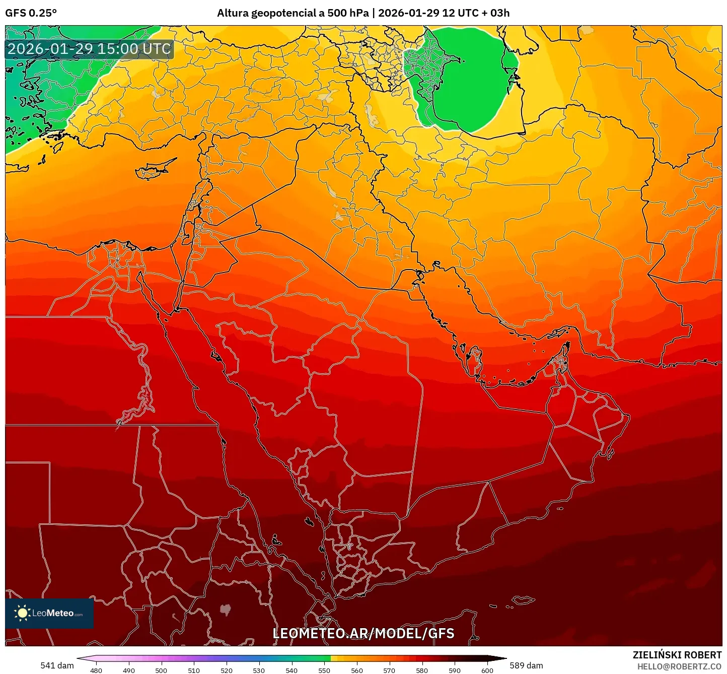 GFS model - Oriente Médio, Altura geopotencial a 500 hPa