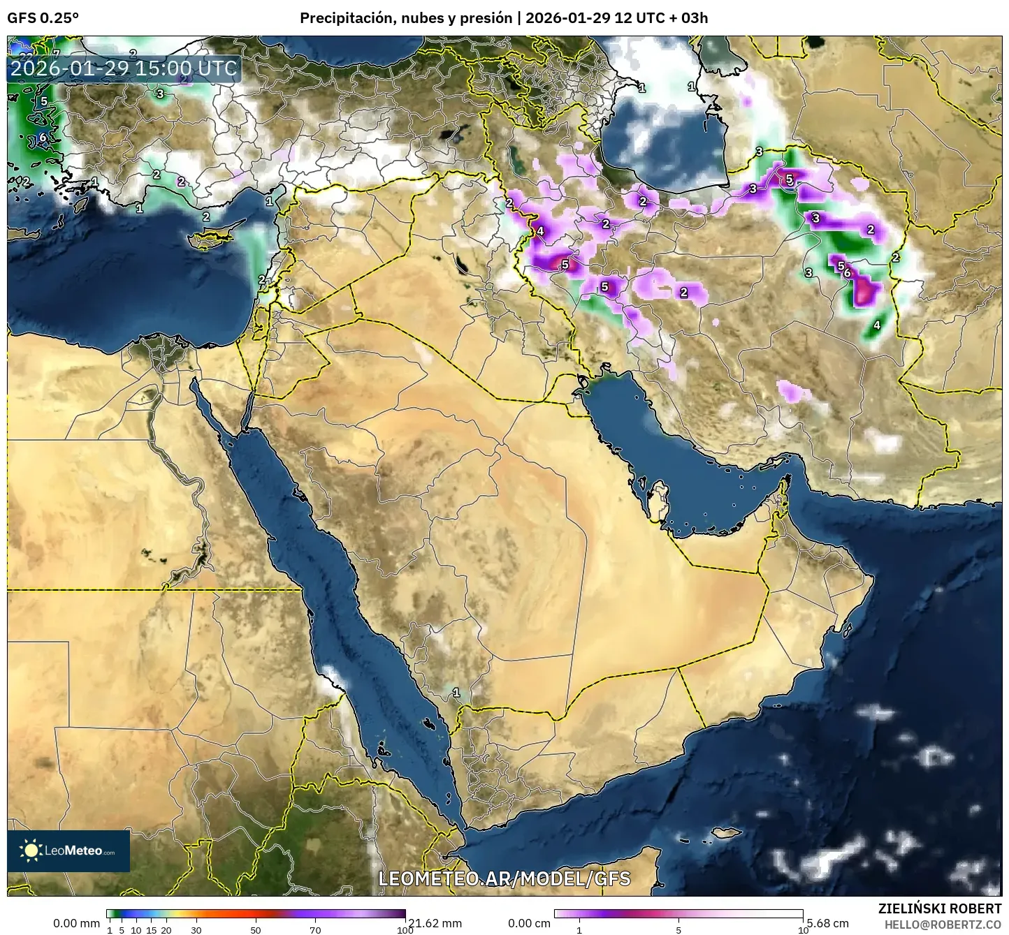 GFS model - Oriente Médio, Precipitação, nuvens e pressão