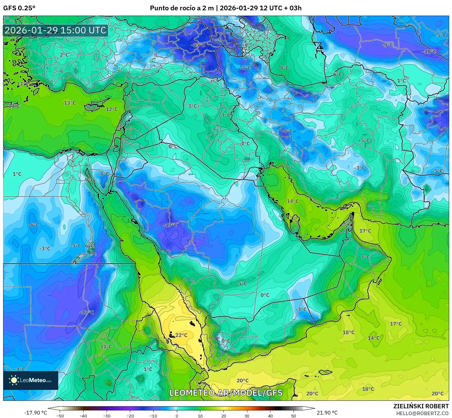 GFS model - Oriente Médio, Ponto de orvalho a 2 m