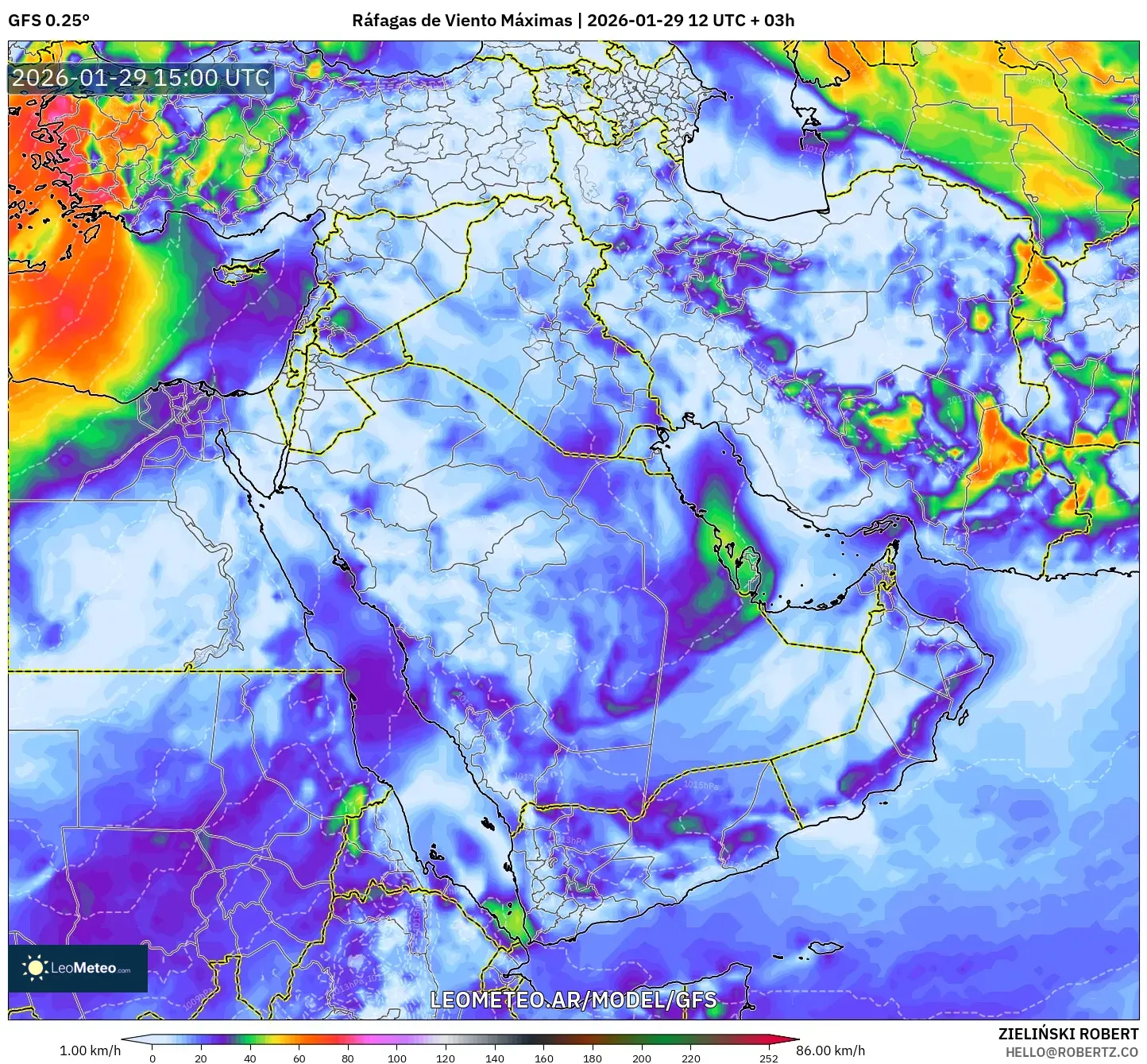 GFS model - Oriente Médio, Rajadas de Vento Máximas