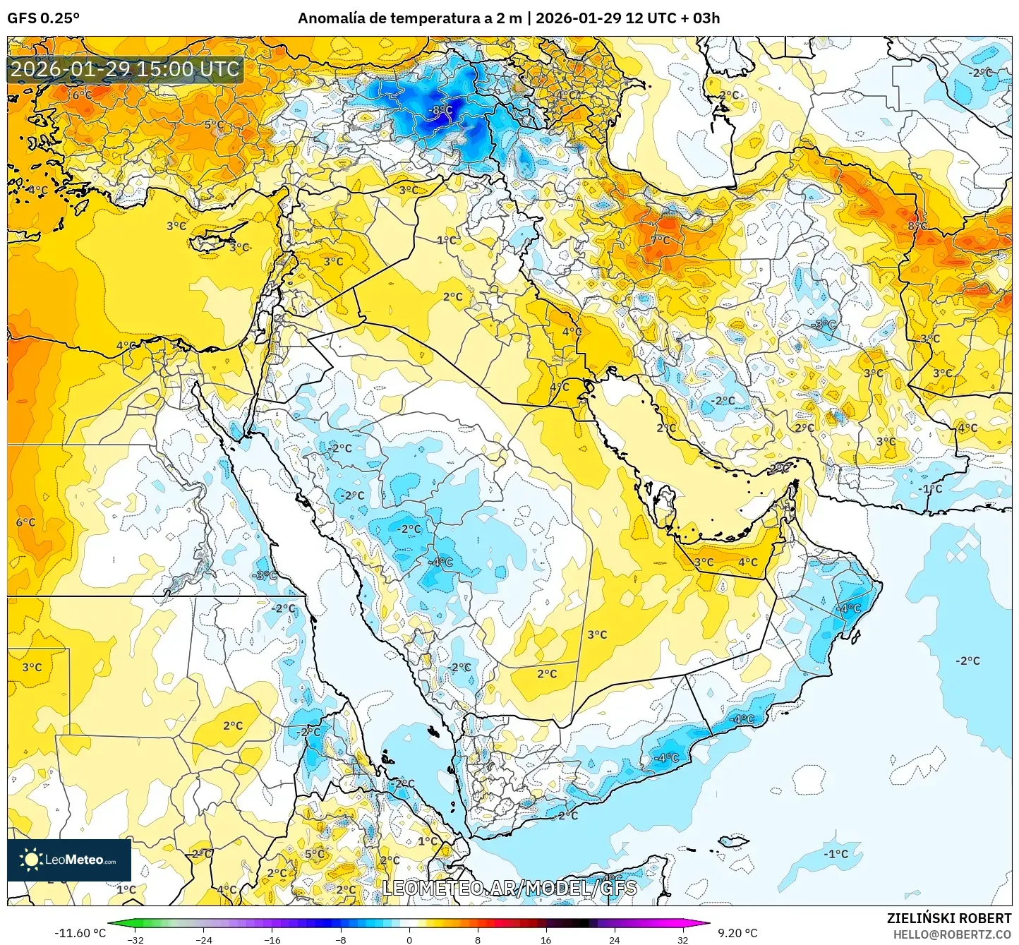 GFS model - Oriente Médio, Anomalia de temperatura a 2 m