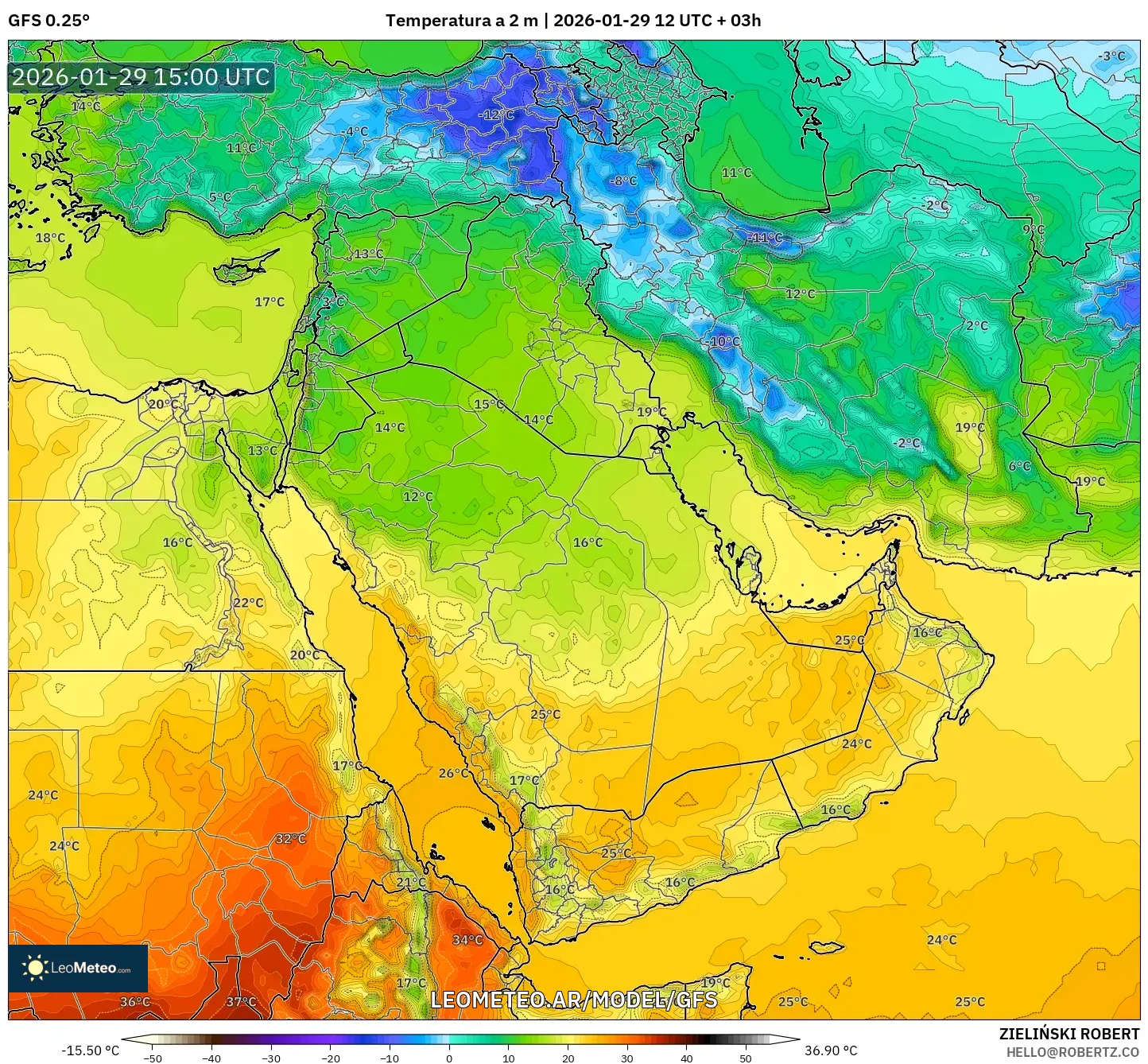 GFS model - Oriente Médio, Temperatura a 2 m
