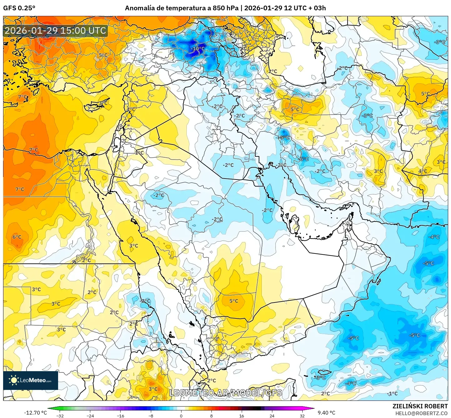 GFS model - Oriente Médio, Anomalia de temperatura a 850 hPa