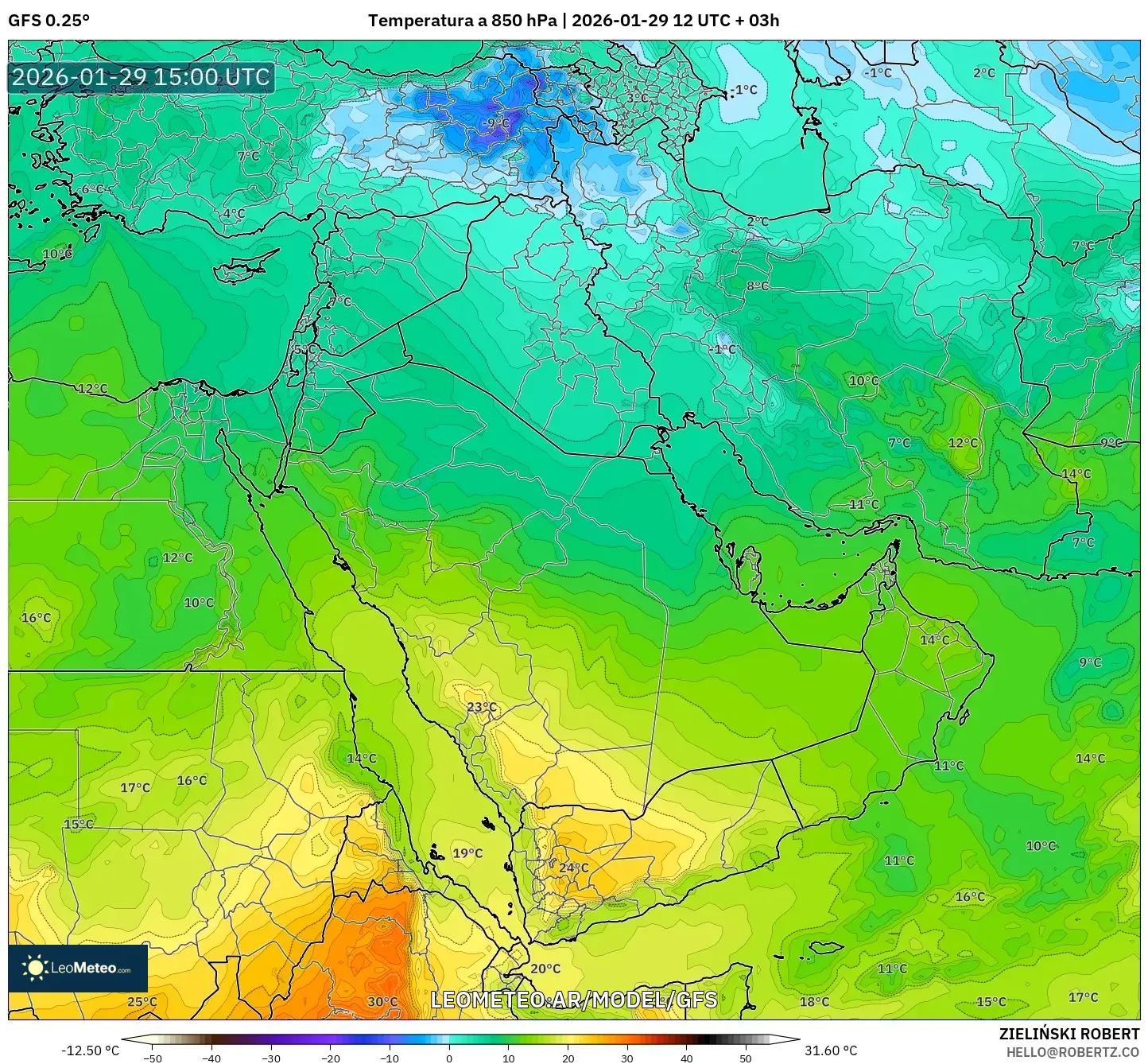 GFS model - Oriente Médio, Temperatura a 850 hPa