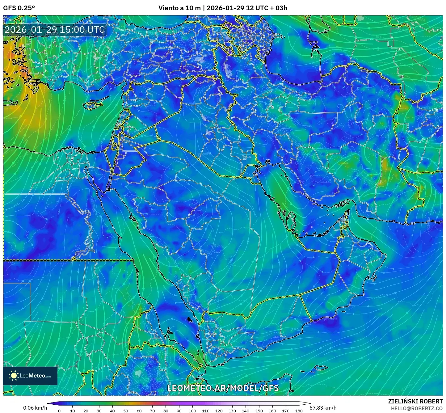 GFS model - Oriente Médio, Vento a 10 m